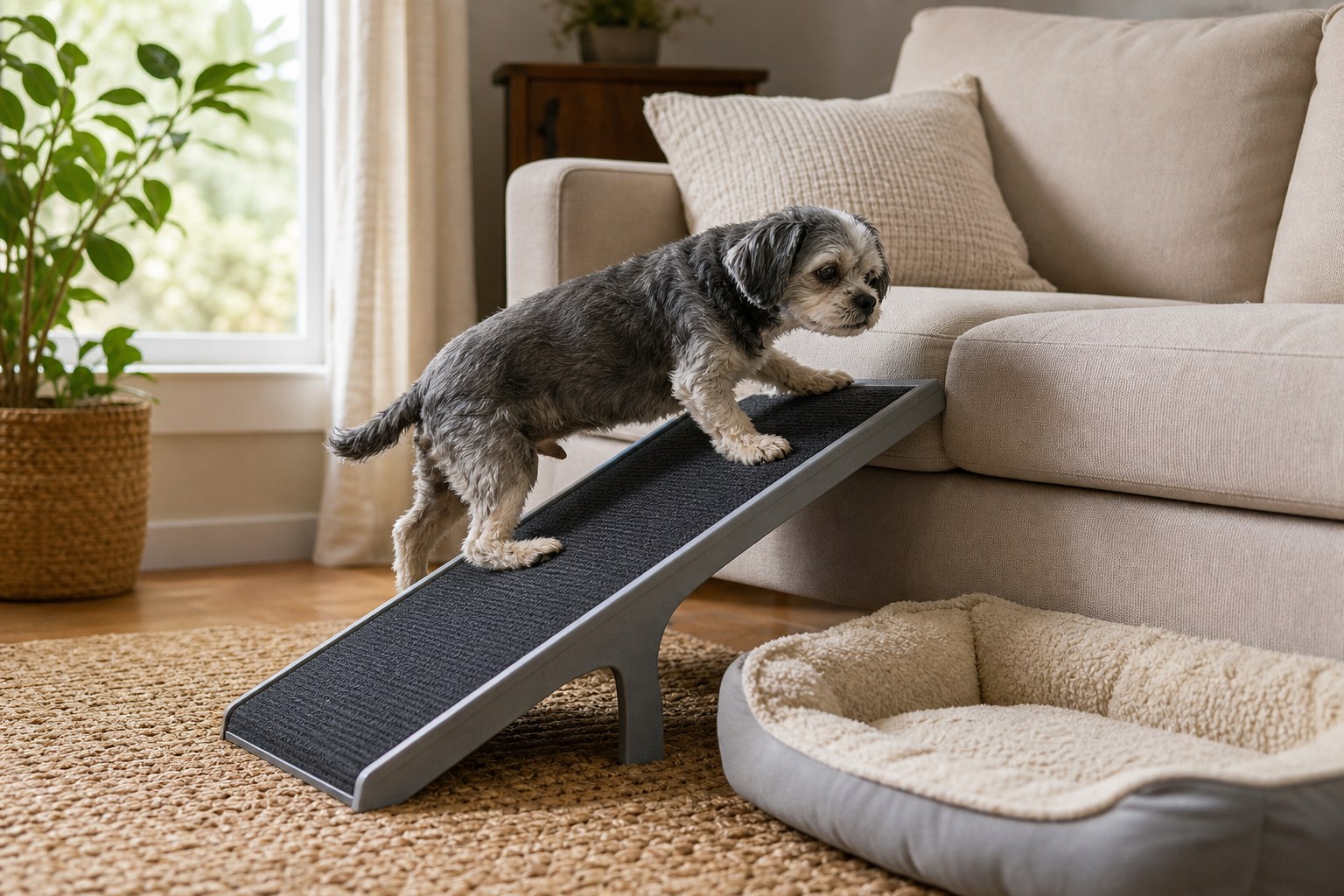 Older small dog walking up a pet ramp toward a sofa