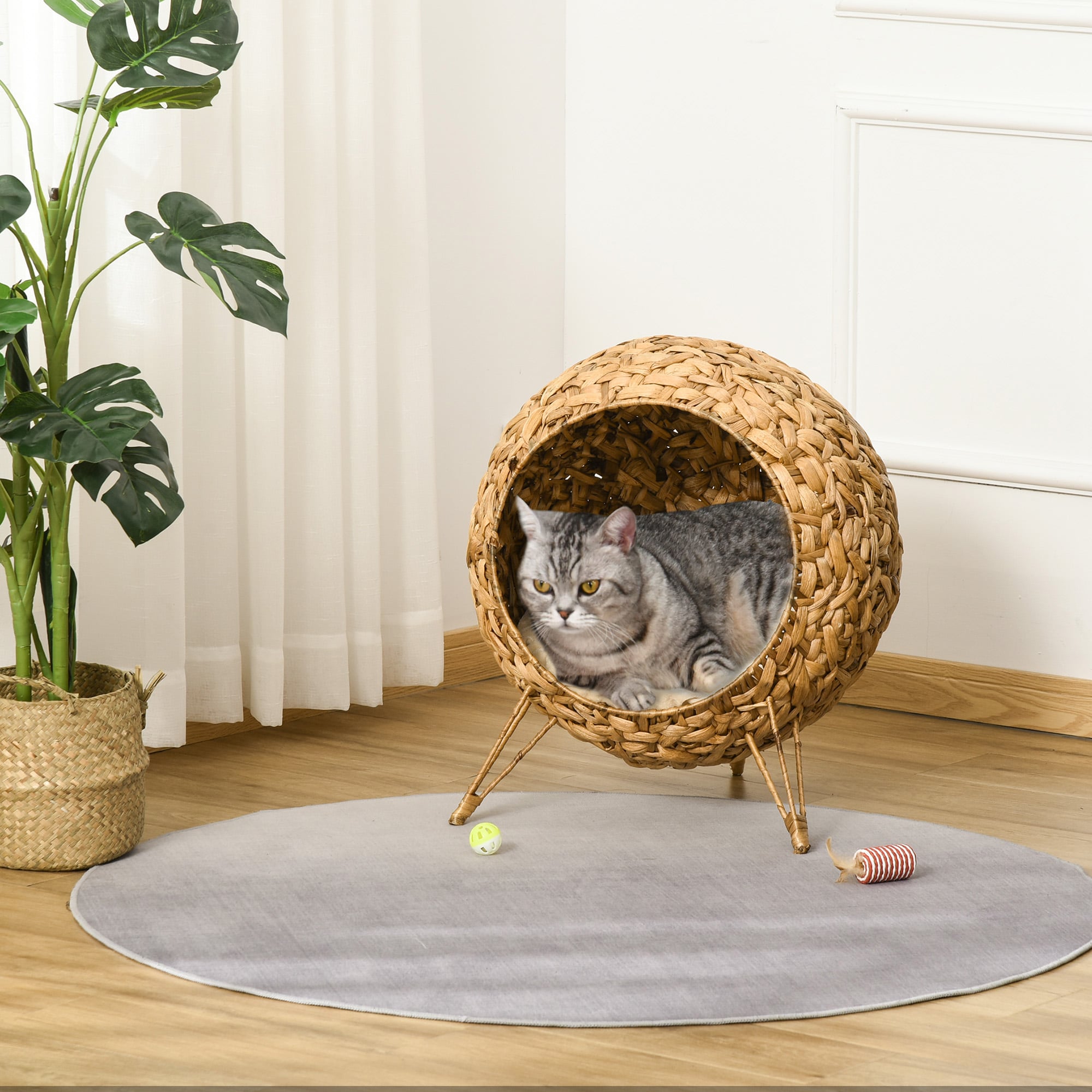 20.5" Weaved Cat Bed, Elevated Hand-woven Braided Banana Leaf Kitten House Condo with Cushion, Natural