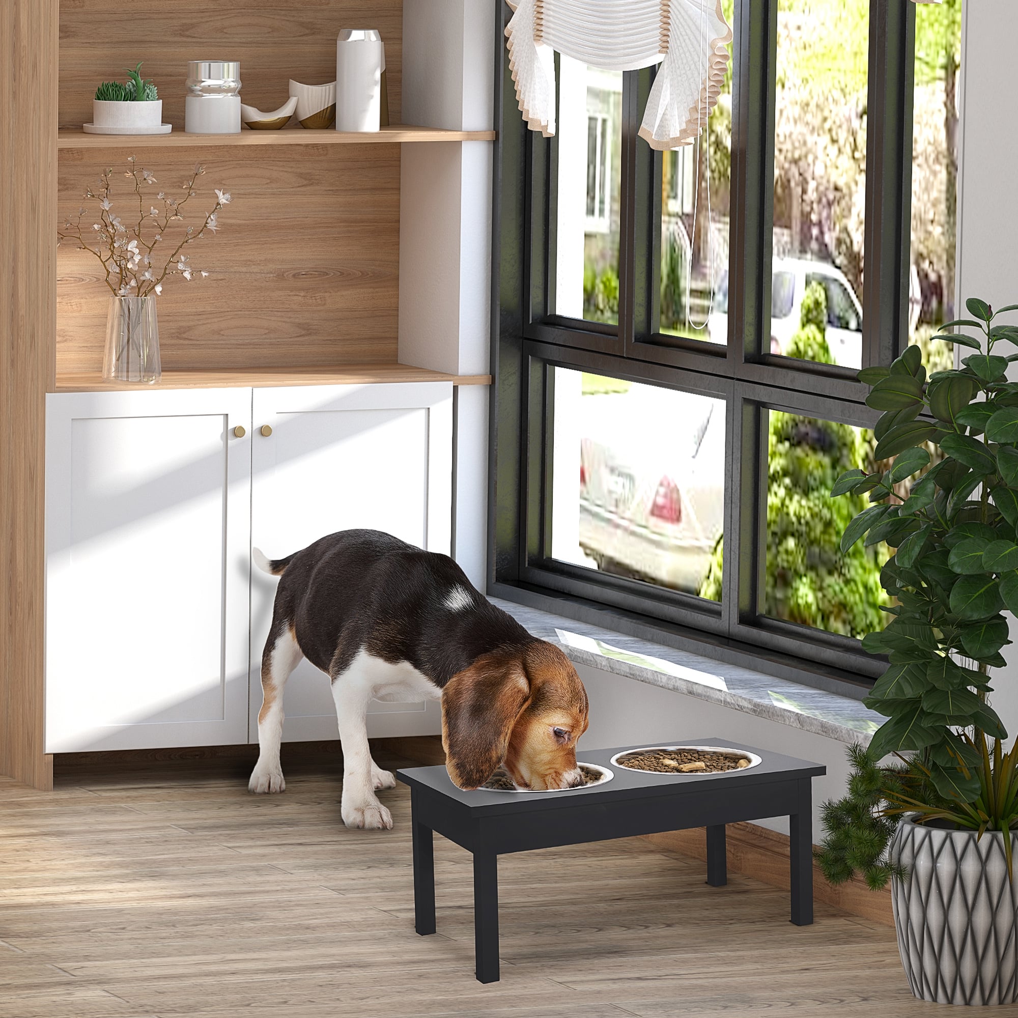 23" Wooden Heavy Duty Dog Food Bowls Pet Elevated Feeding Station -Black