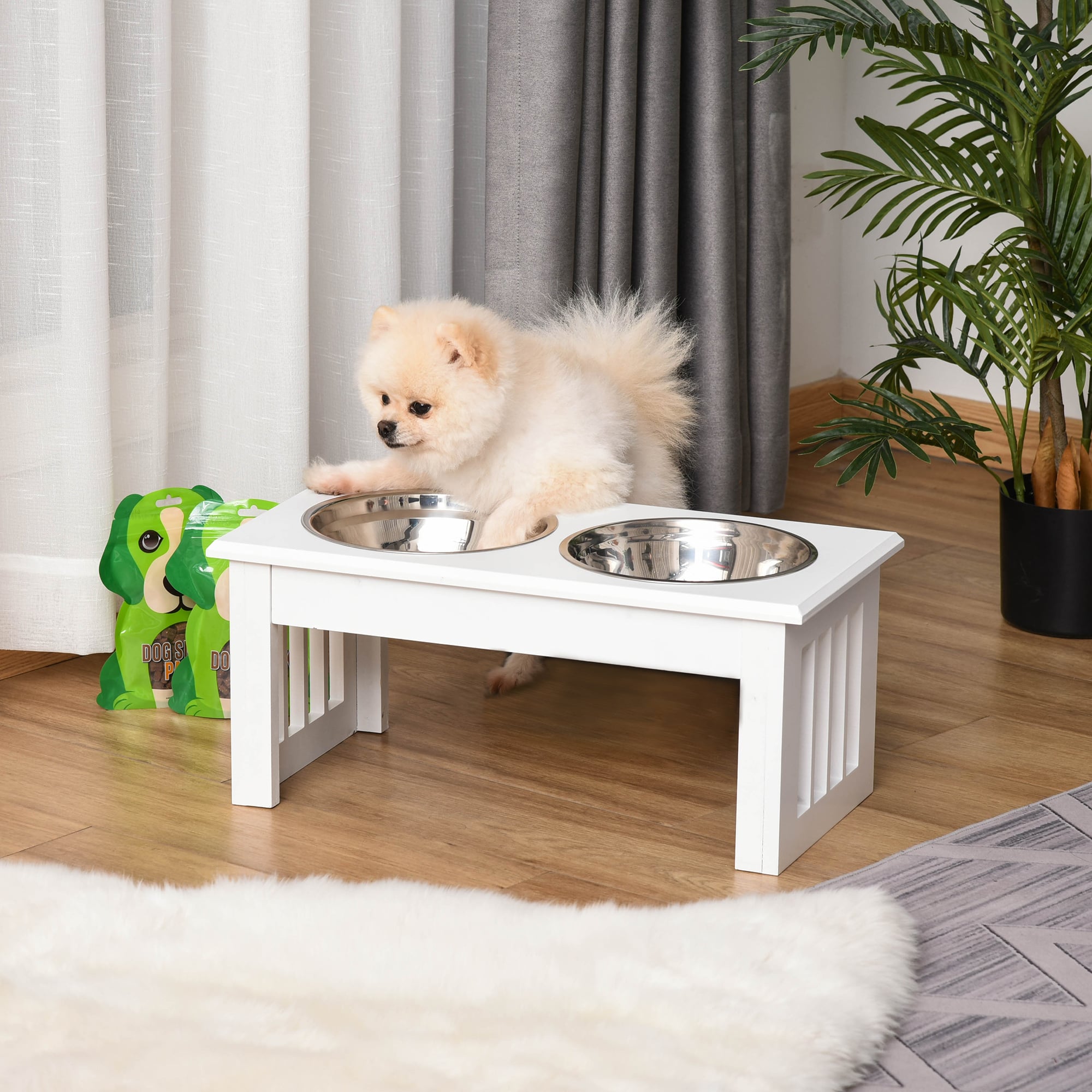 6" Height Small Puppy Dog Feeding Station for Messy Pets, Stainless Steel Elevated Dog Bowls with Modern Wooden Frame, Dog Food Stand Pet Feedin