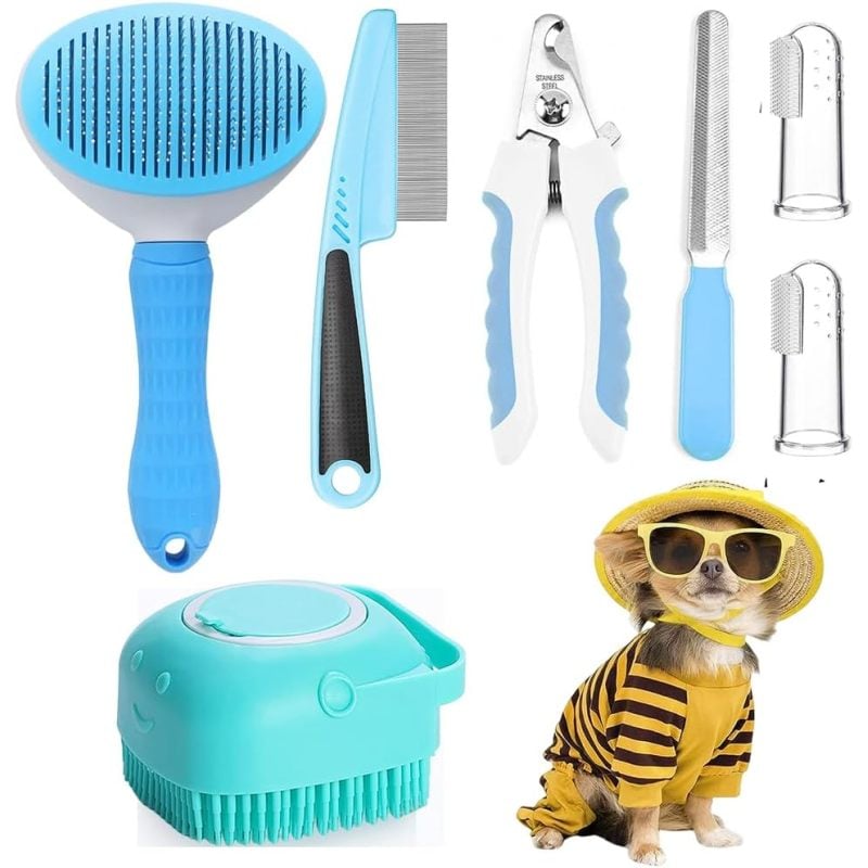 7pcs Pet Grooming Kit, Self-Cleaning Brush Shedding Kit With Nail Clipper, Flea Comb, Shampoo Bath Brush, Finger Toothbrush