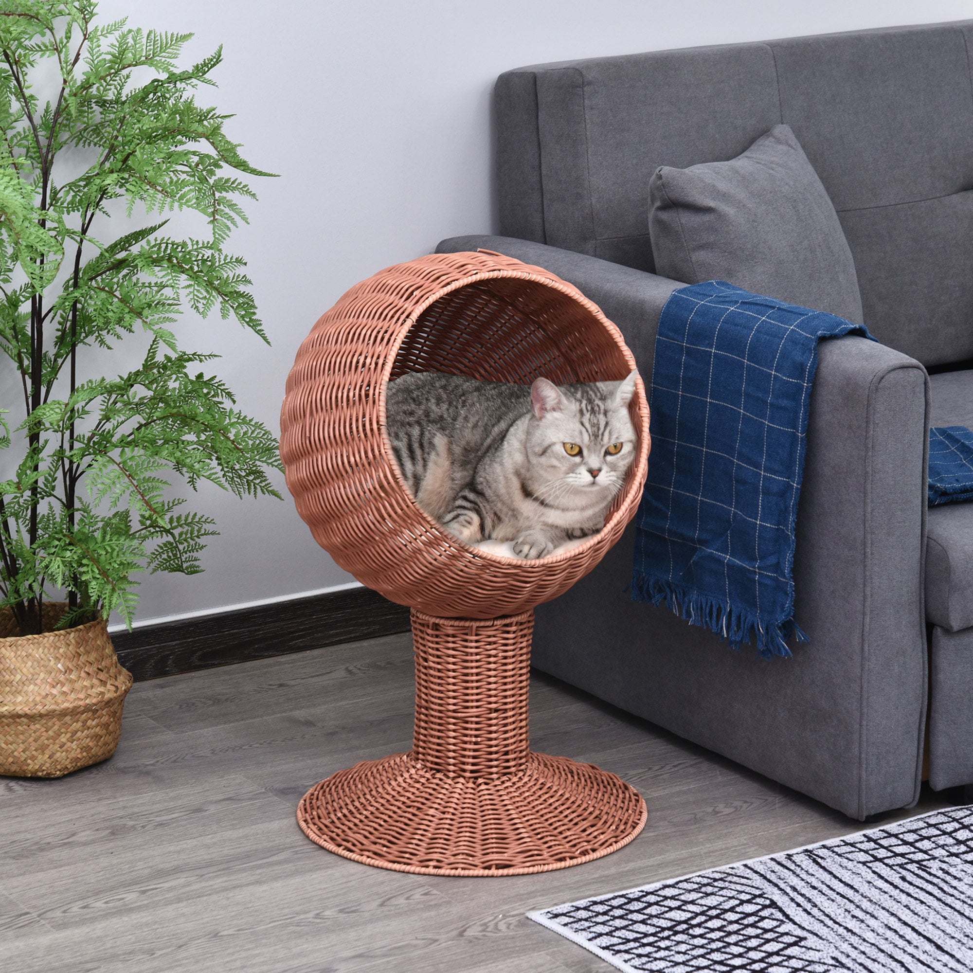 Elevated Cat Bed with Rotatable Egg Chair Pod, Cat Basket Bed with Thick Cushion, Natural Mat Grass Woven Kitty House, Brown