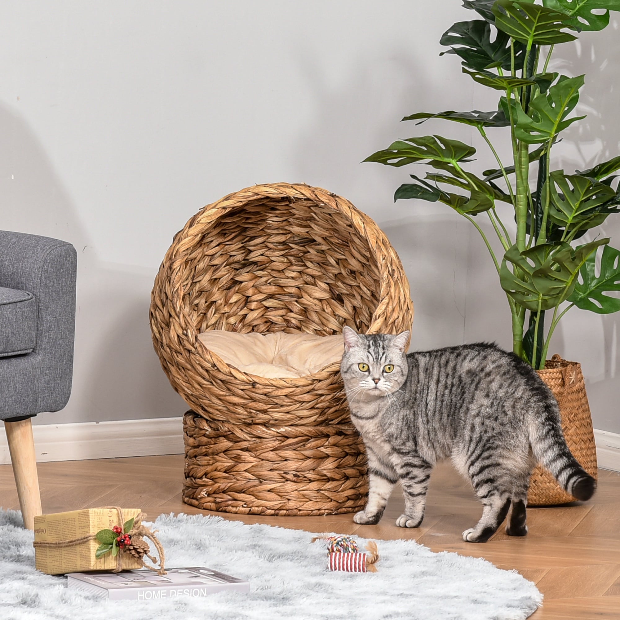 Handwoven Elevated Cat Bed with Soft Cushion & Egg Chair Shape, Basket Bed Kitty House with Stand, Raised Wicker House for Indoor Cats, 23.5" H,