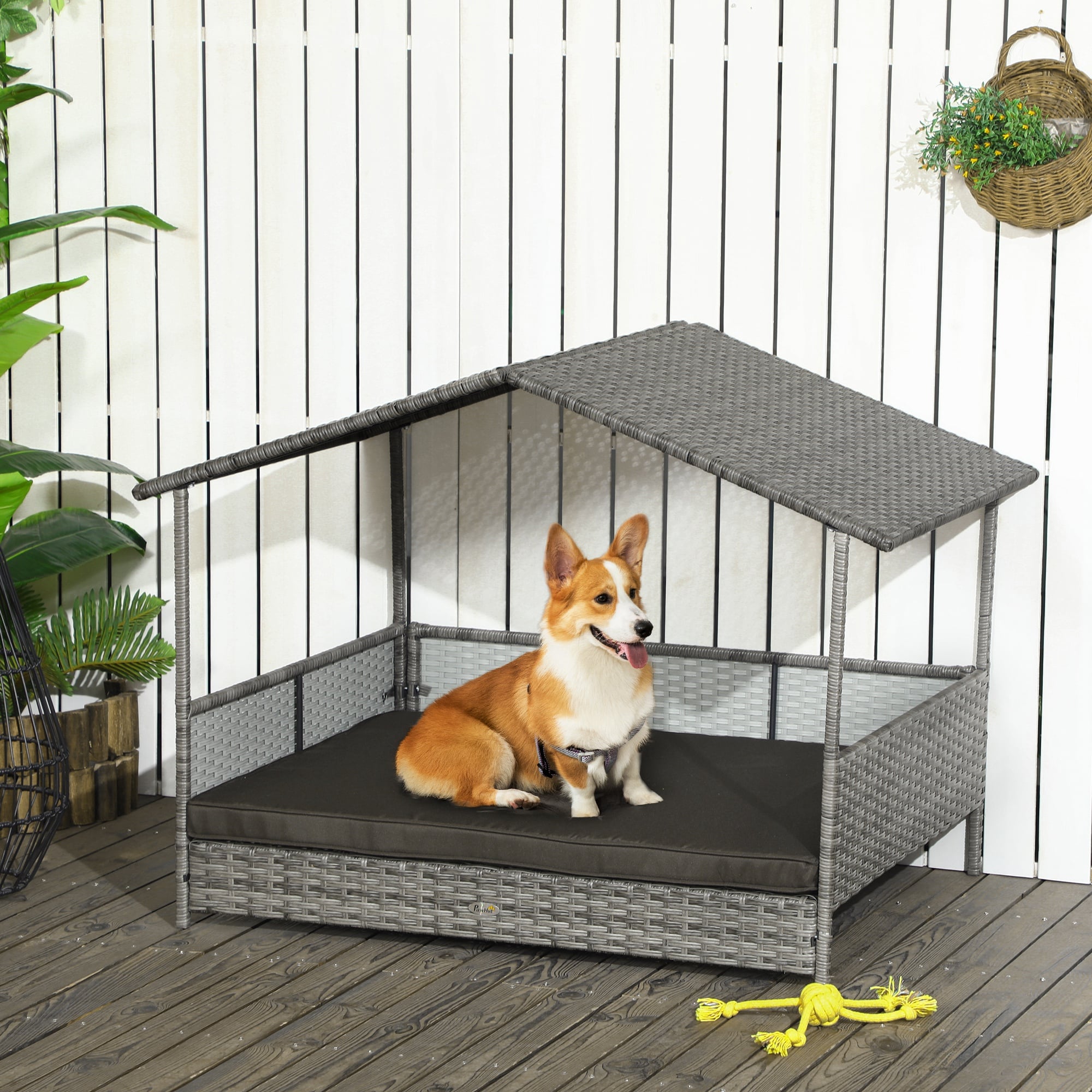 Outdoor Dog Bed with Canopy, Rattan Dog Bed with Soft Cushion Removable Cover for Medium and Large Dogs, Charcoal Gray