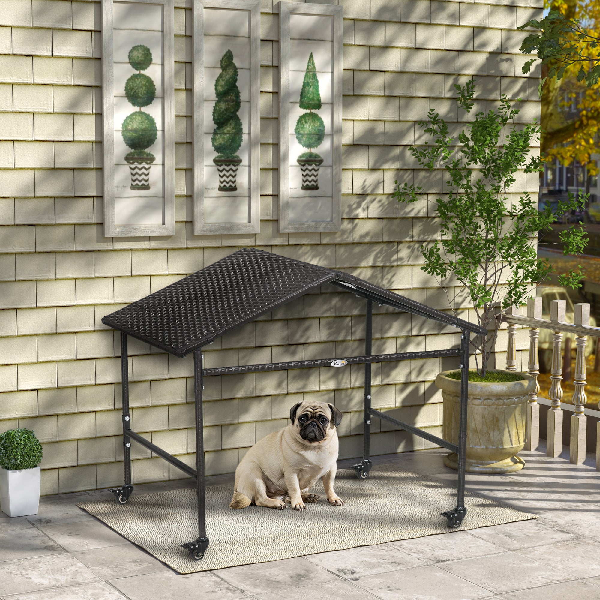 Outdoor Dog Shelter with Wheels, Portable Wicker Animal Shelter for Small and Medium Sized Dogs, Dark Brown