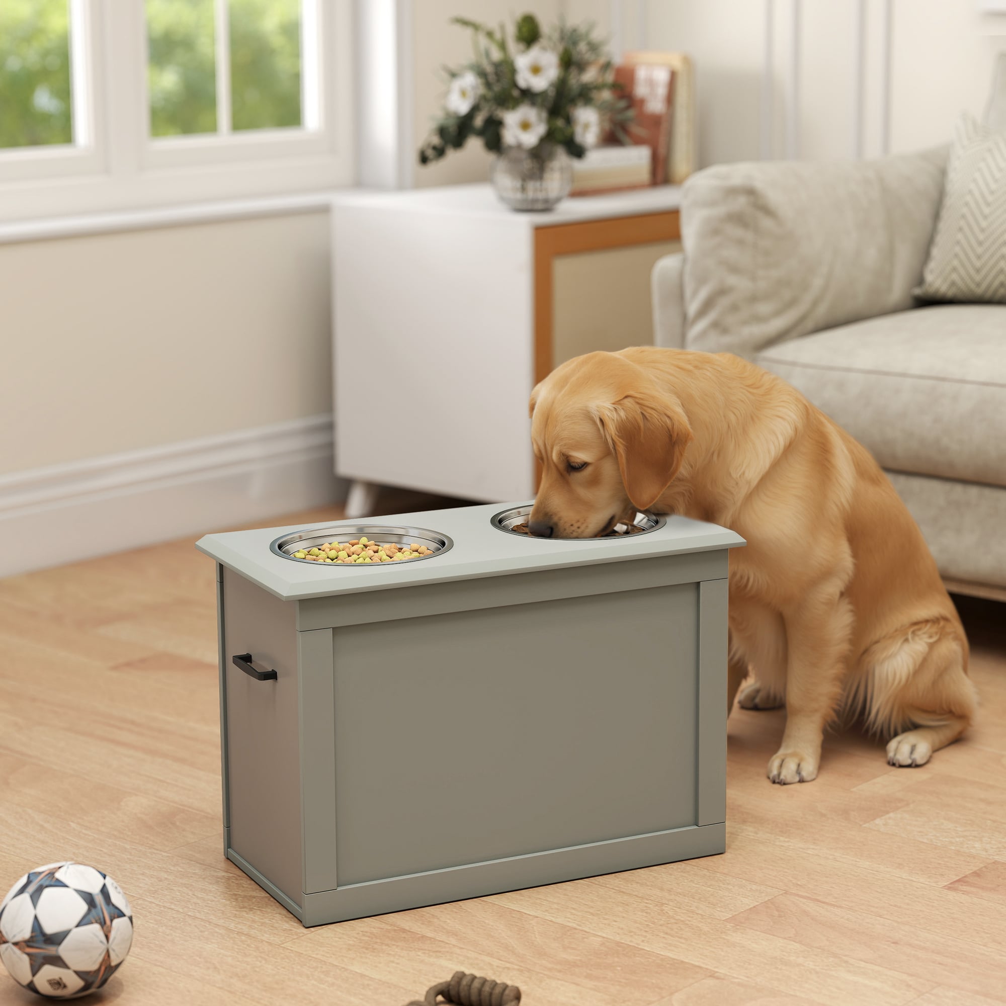 Raised Pet Feeding Storage Station with 2 Stainless Steel Bowls Base for Large Dogs and Other Large Pets, Gray