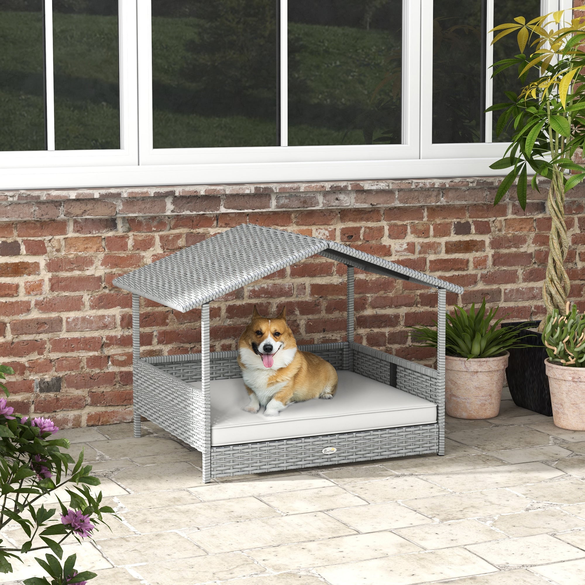 Wicker Dog House Outdoor with Canopy, Rattan Dog Bed with Water-resistant Cushion, Raised Pet Bed for Small, Medium Breeds up to 66 lbs, 20" in L