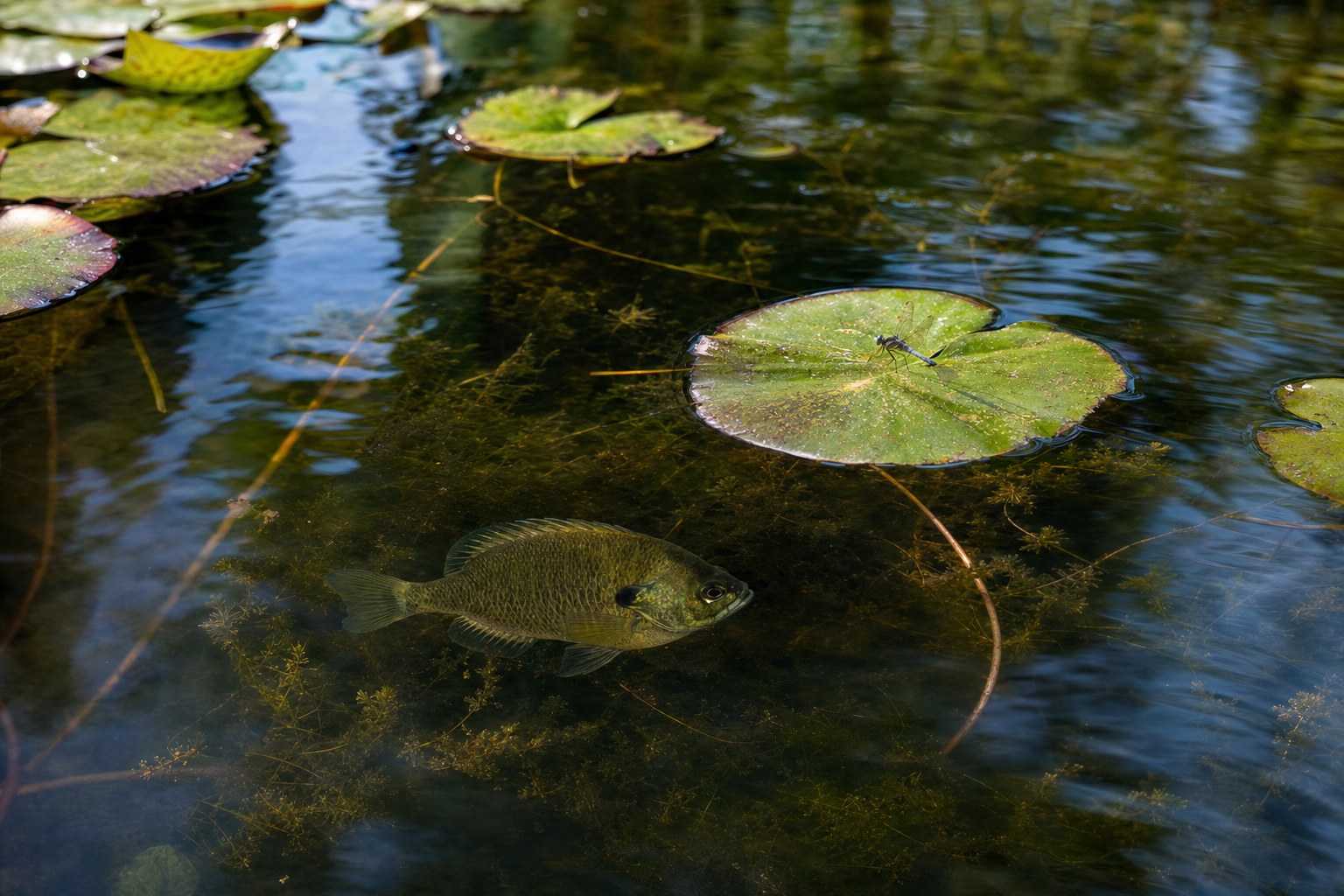 Illustrative pond life with a sunfish and lily pads