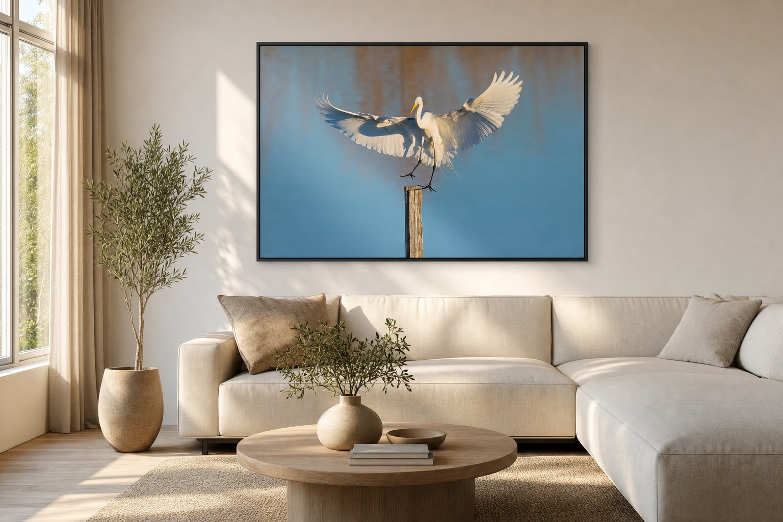 Egret fine art photograph displayed in a bright living room