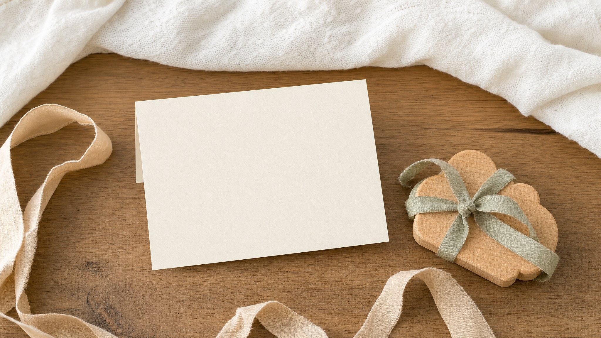Blank cream greeting card beside a wrapped wooden keepsake gift