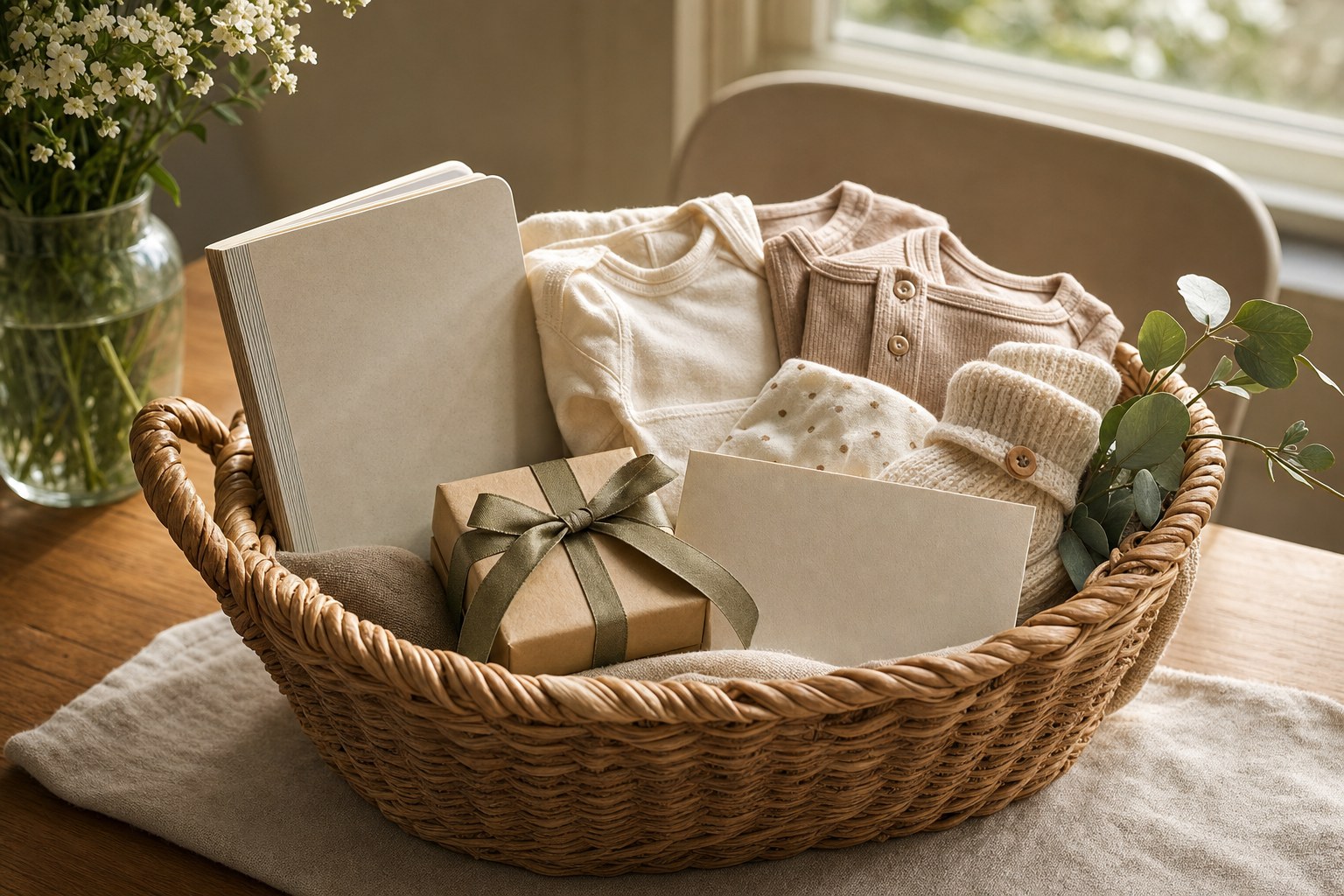 A thoughtfully arranged baby shower gift basket with a book and folded clothing