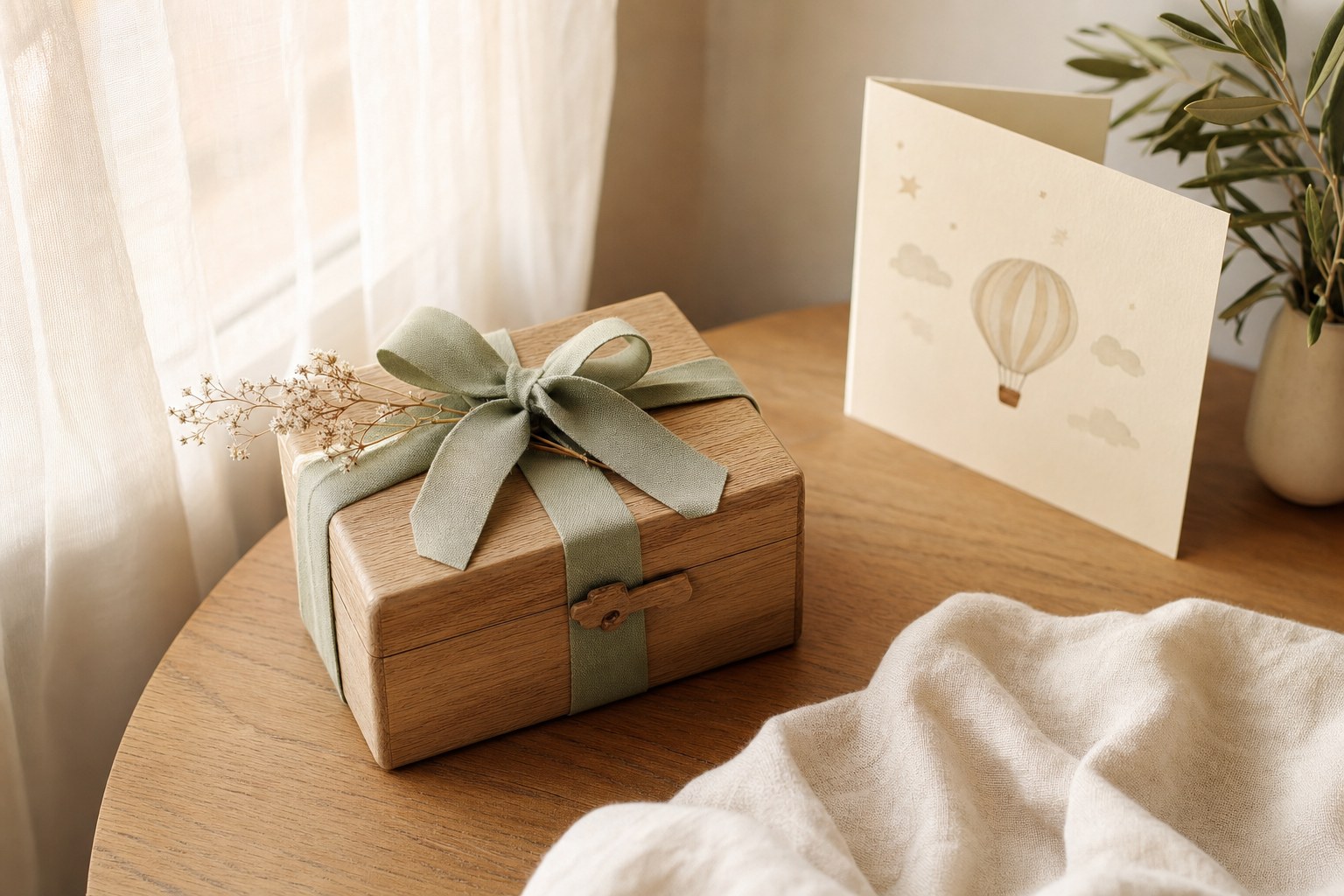Wrapped wooden keepsake gift on a sunlit table