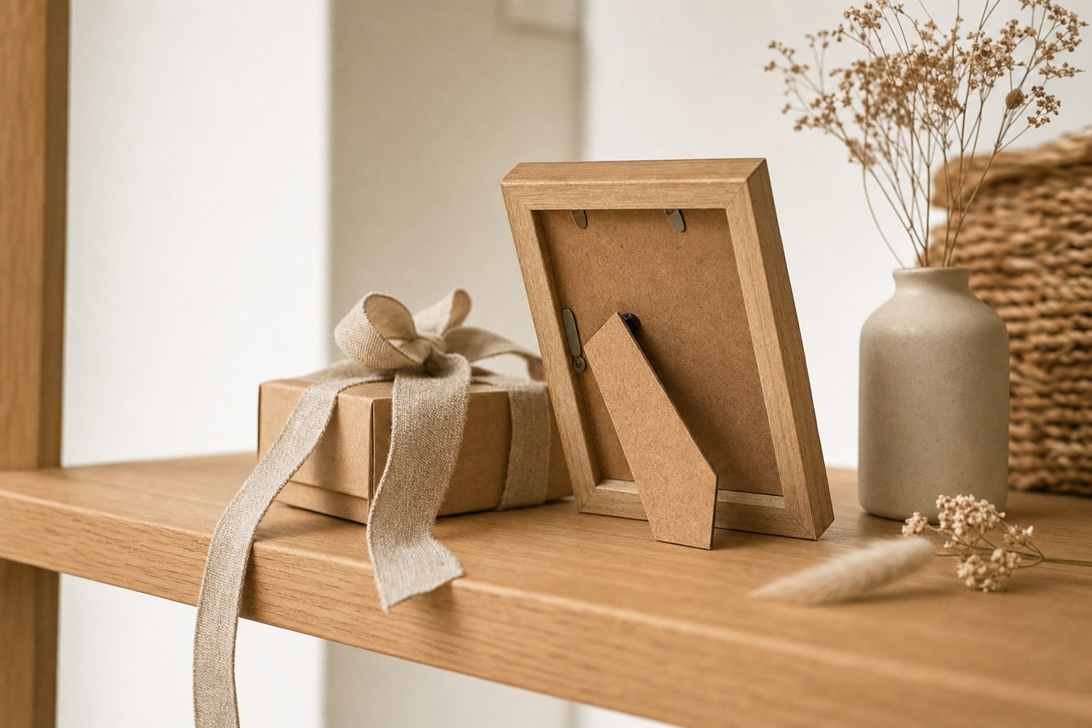 A wooden picture frame and a wrapped keepsake gift on a shelf