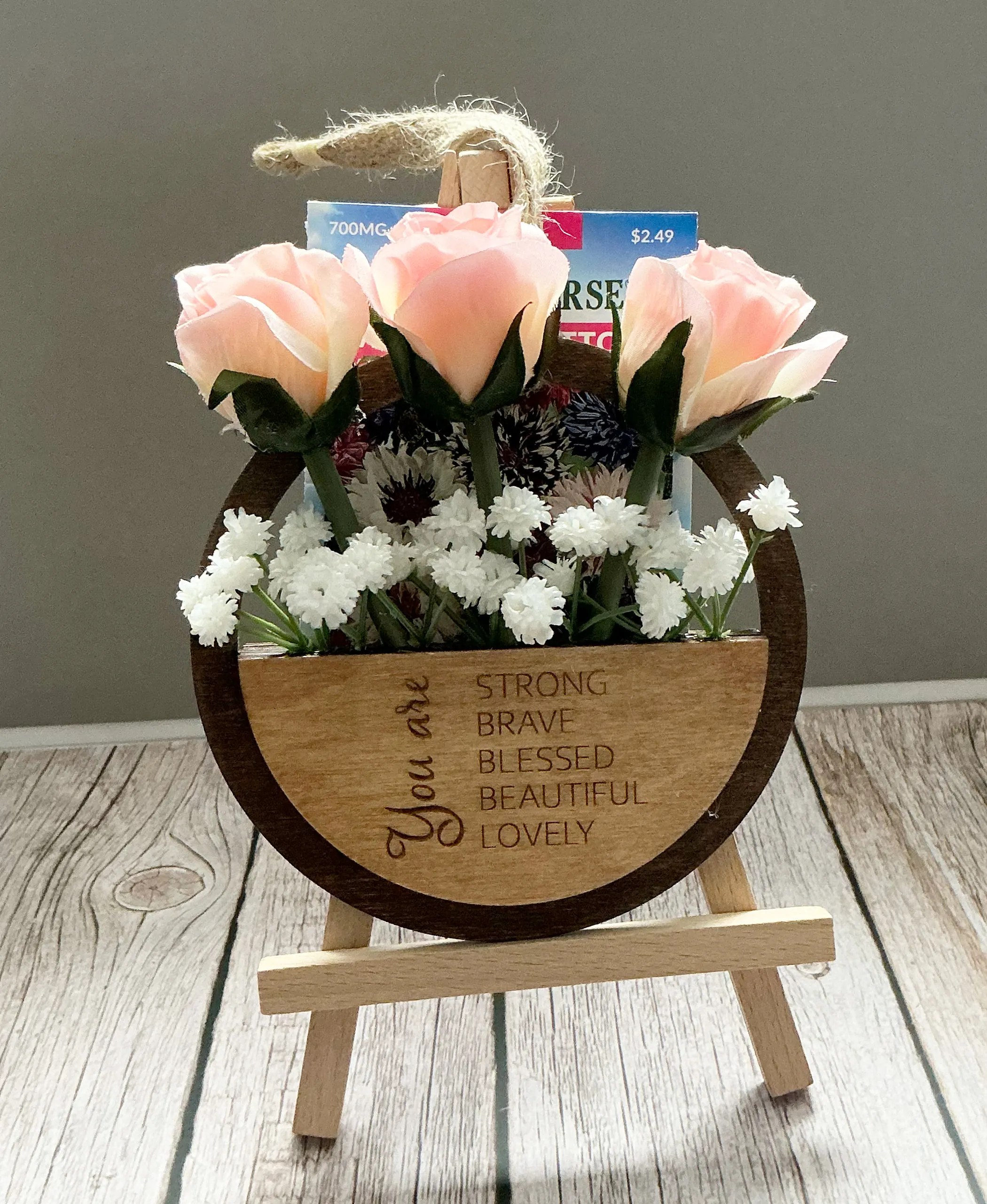 Wooden floral gift card holder with an encouraging message