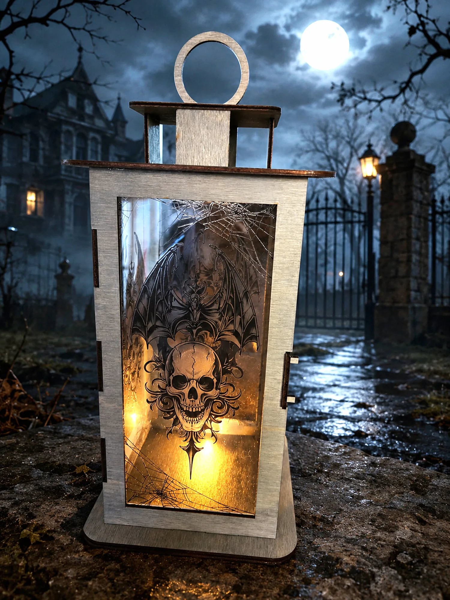 Detailed gothic skull wood lantern for a dark Halloween display
