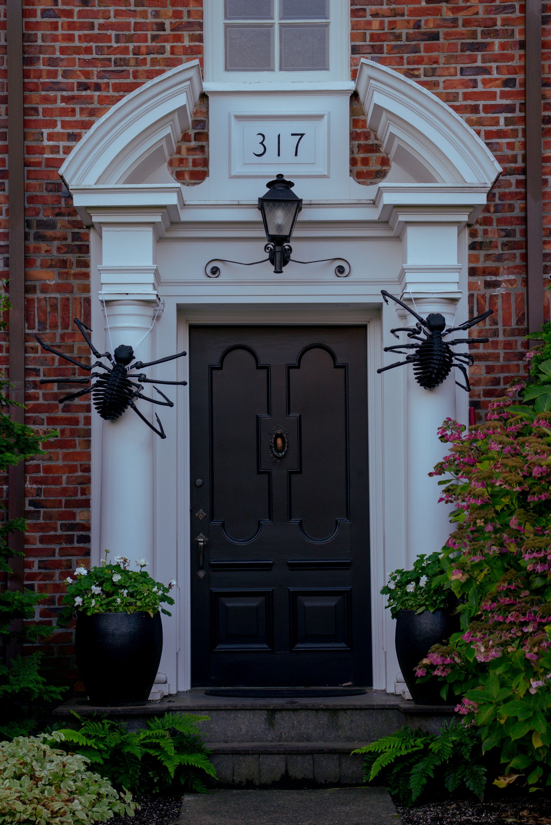 Black front door decorated with two large black spiders for Halloween