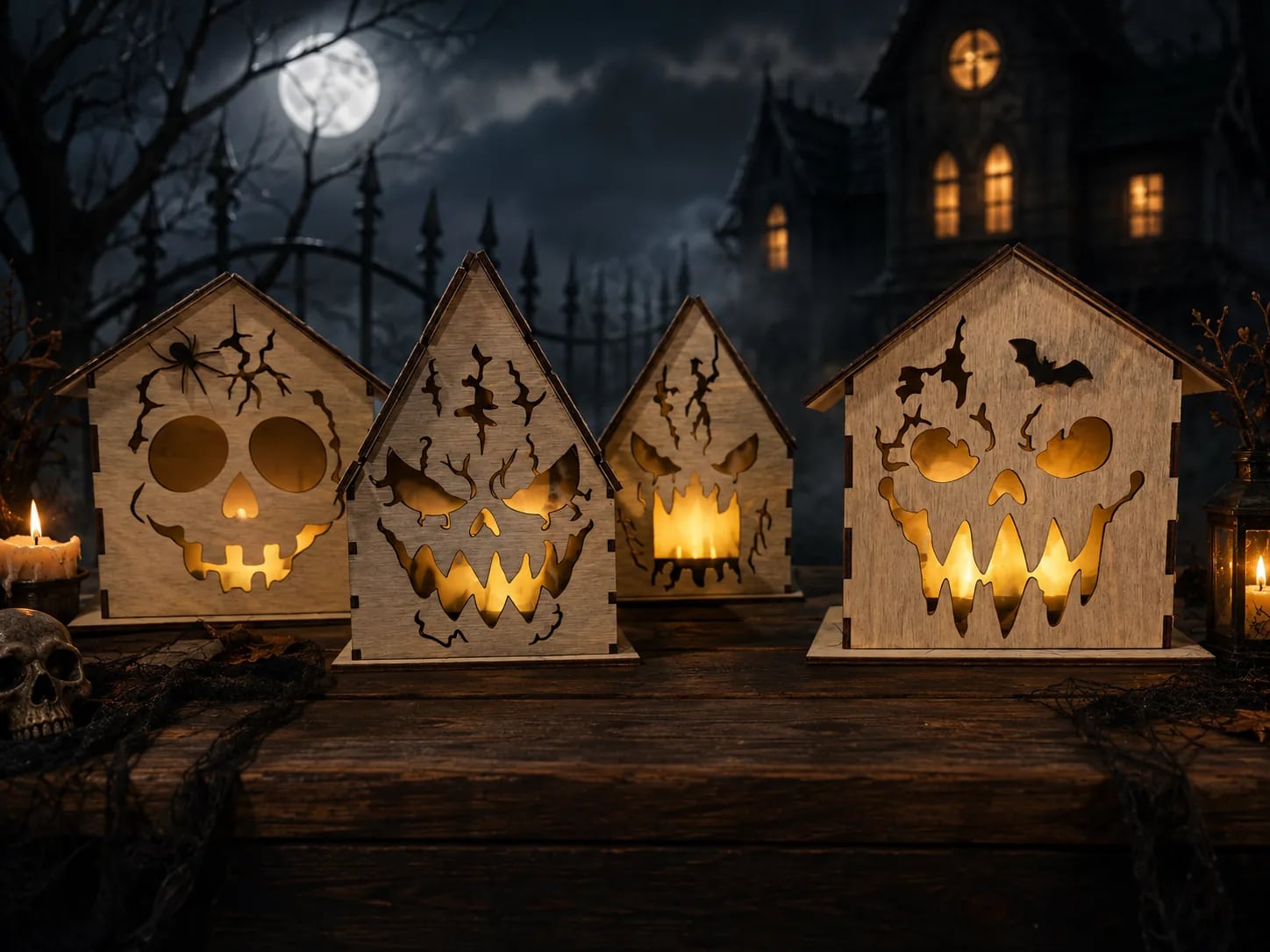 Four handmade wooden Halloween house lanterns arranged together