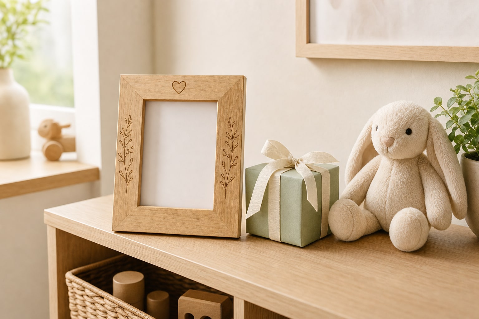 Wooden baby keepsake frame, wrapped gift, and plush bunny on a nursery shelf