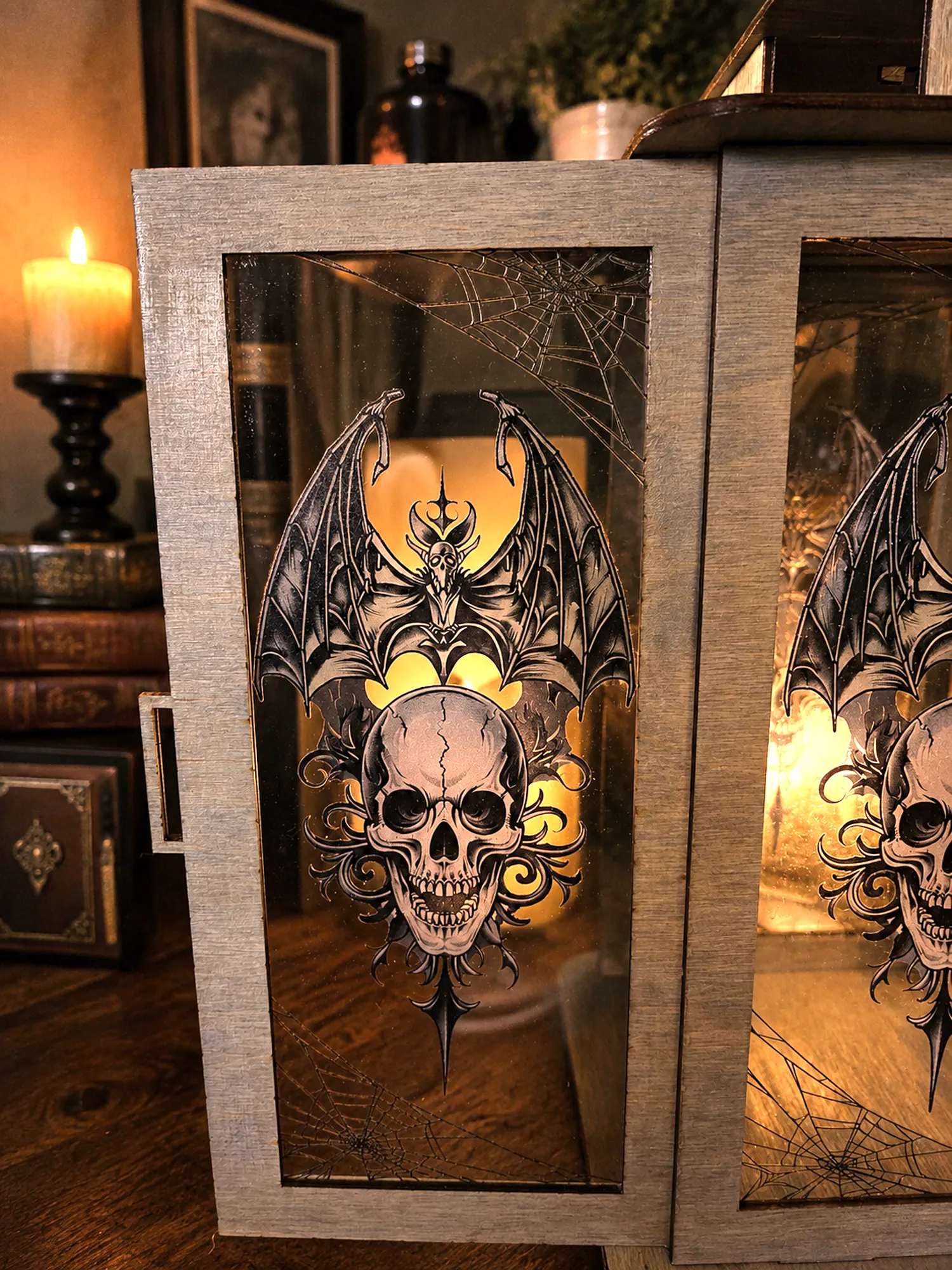 Gothic Skull Wood Lantern | Laser Cut Candle Holder | Dark Home Decor | Halloween | Gothic Gift | Spooky Indoor Outdoor detail 2