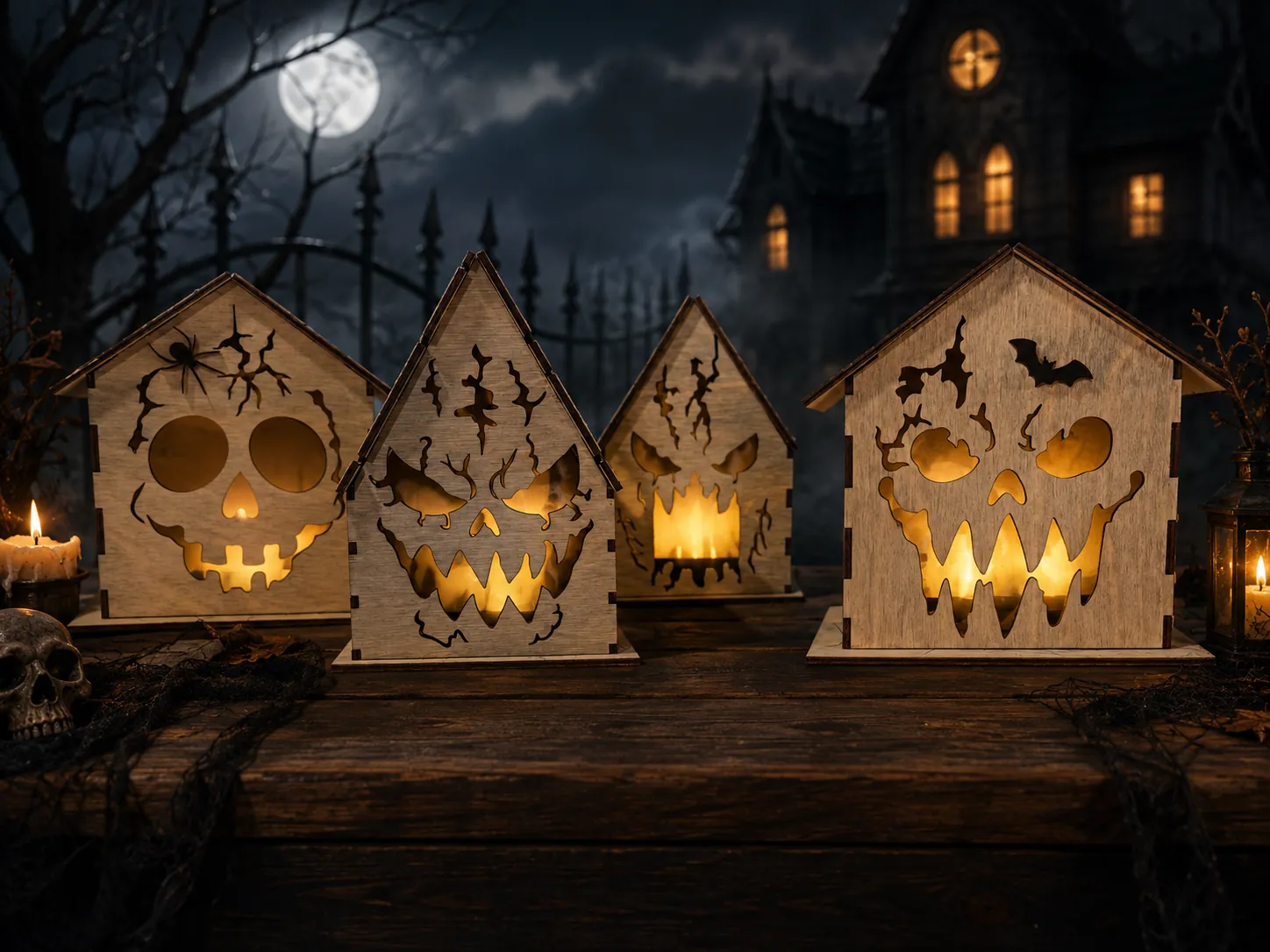 Laser-cut wooden Halloween house lanterns