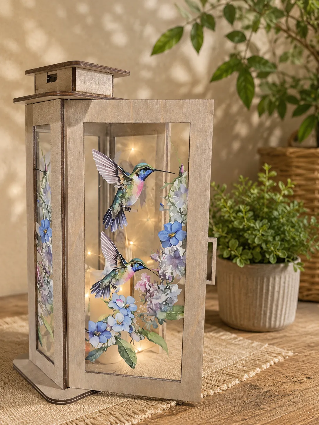 Handcrafted Hummingbird Wildflower Wooden Lantern with Warm LED Glow detail 2