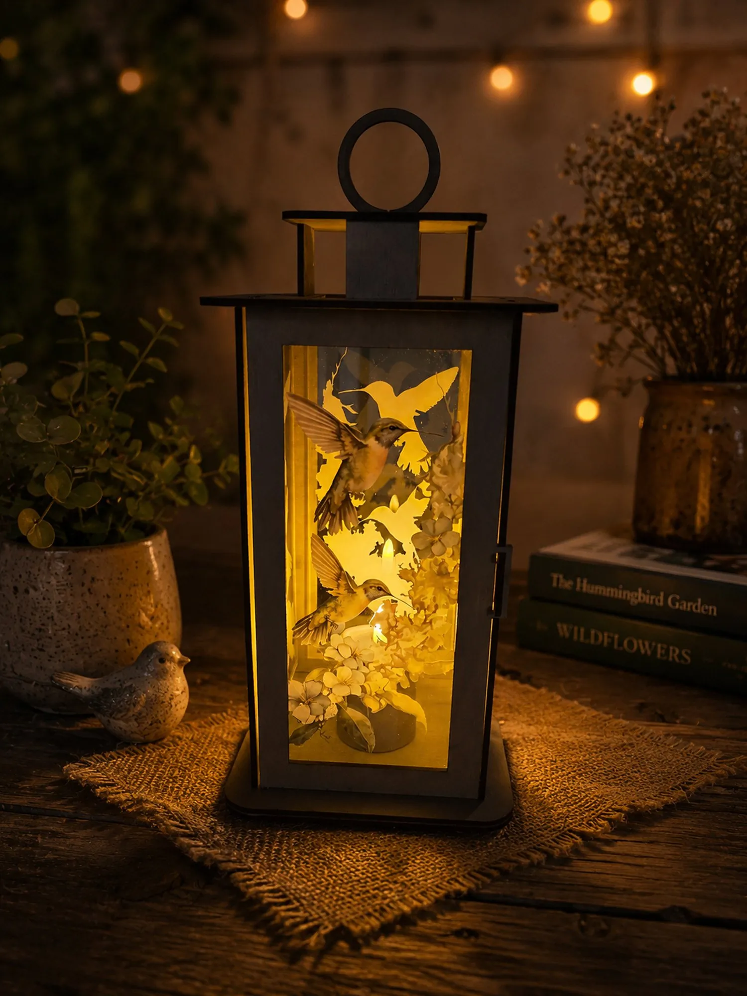 Handcrafted Hummingbird Wildflower Wooden Lantern with Warm LED Glow detail 3