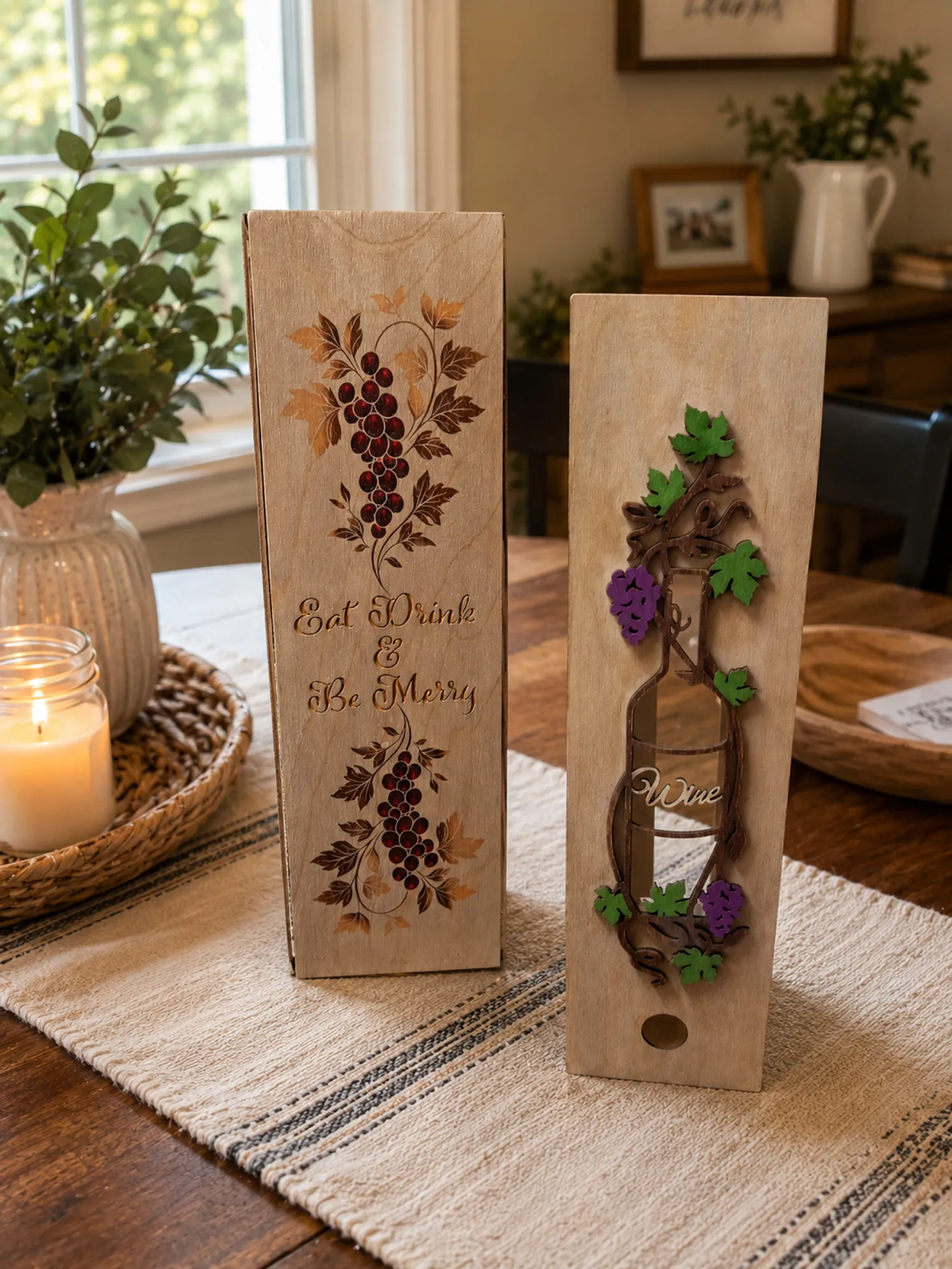 Handcrafted Wood Wine Gift Box | Laser-Cut Grapevine Design | Personalized Wine Bottle Holder detail 2