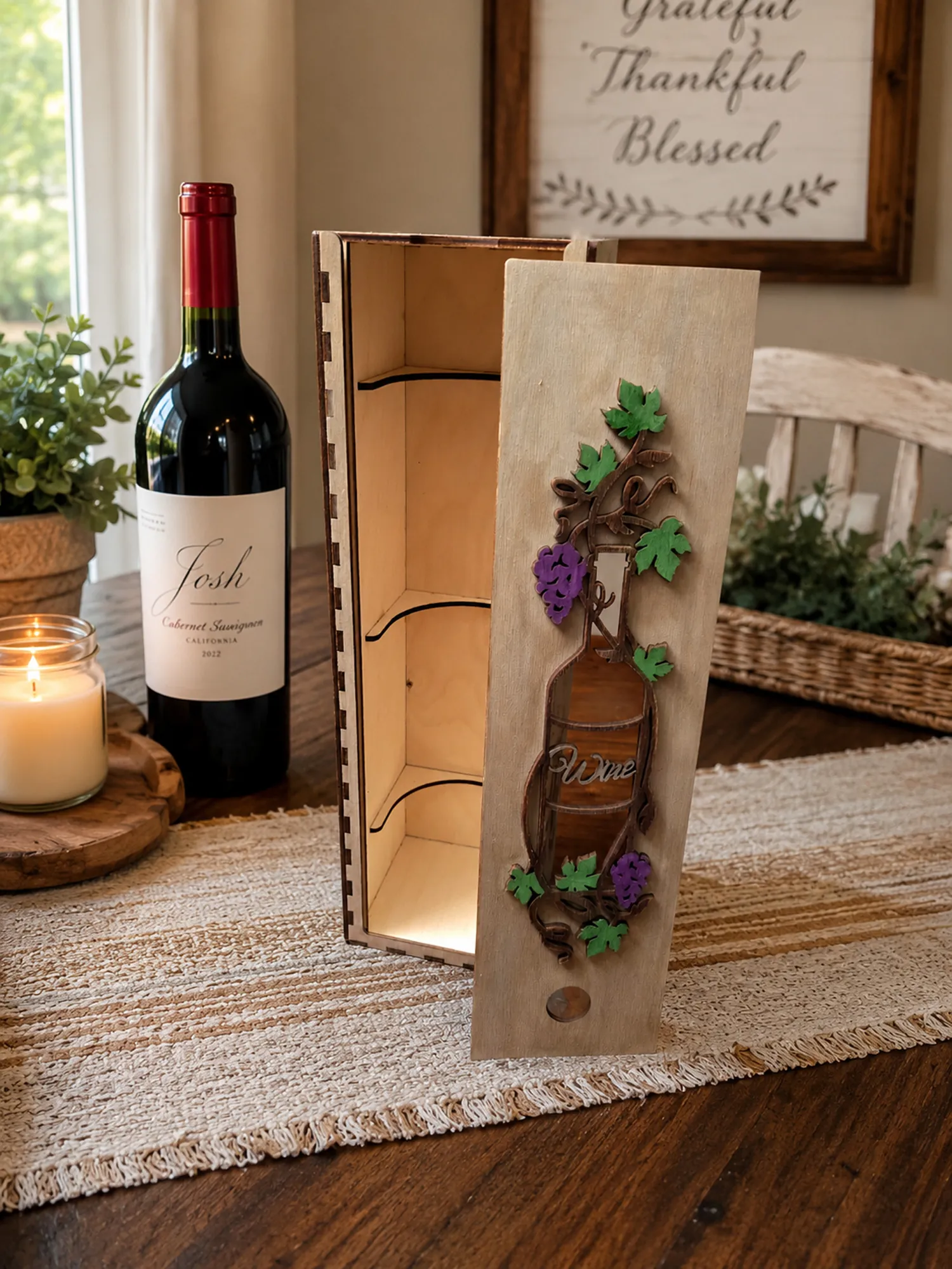 Handcrafted Wood Wine Gift Box | Laser-Cut Grapevine Design | Personalized Wine Bottle Holder detail 3