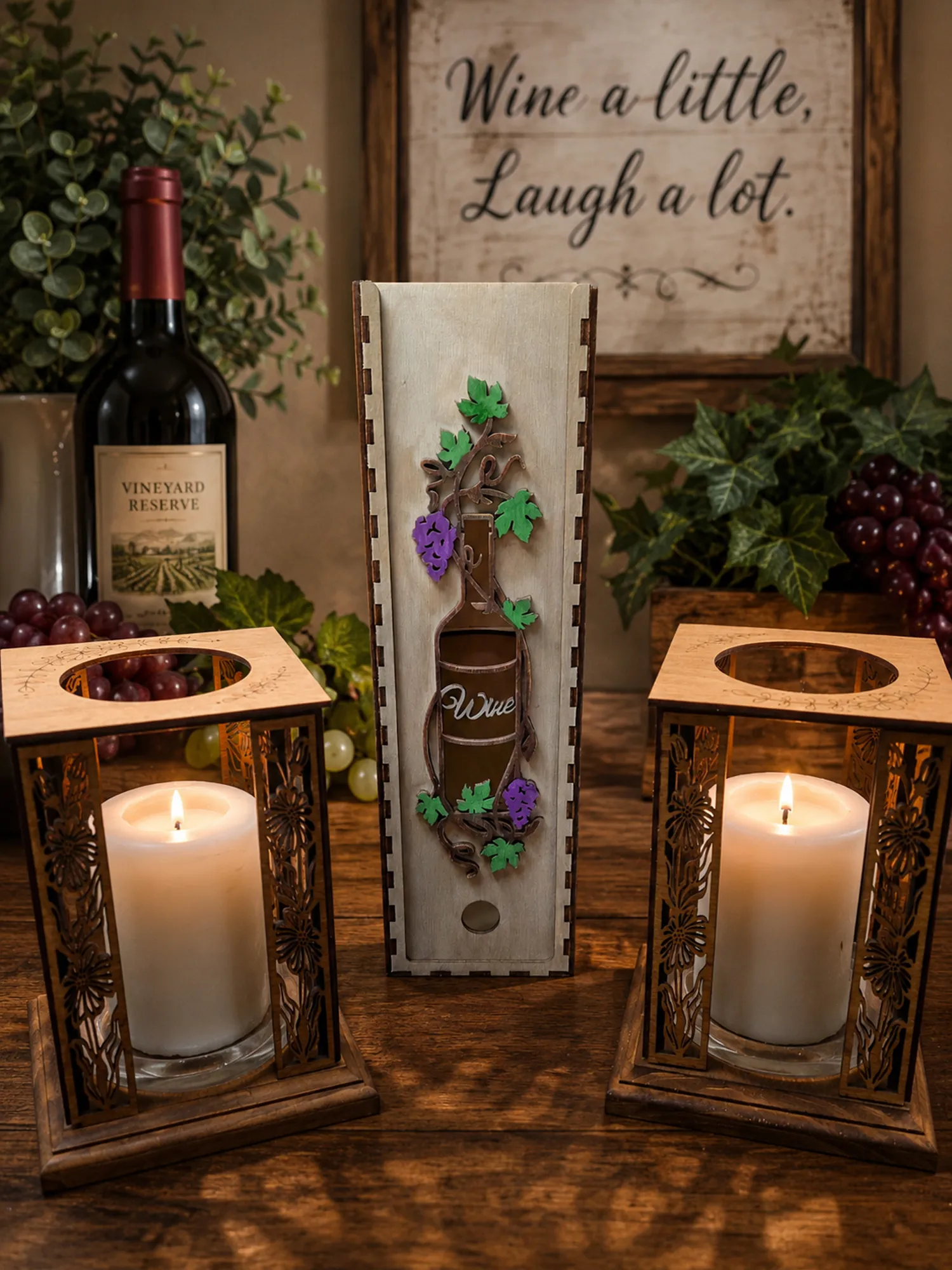 Handcrafted Wood Wine Gift Box | Laser-Cut Grapevine Design | Personalized Wine Bottle Holder detail 4