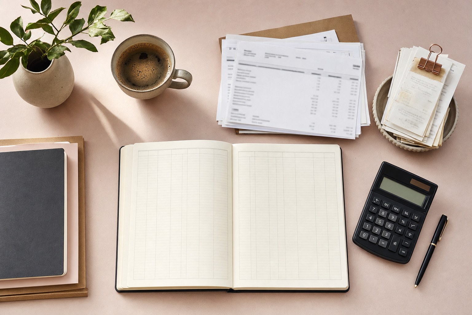 Desk prepared for a bookkeeping catch-up session with ledger, calculator, receipts, and coffee