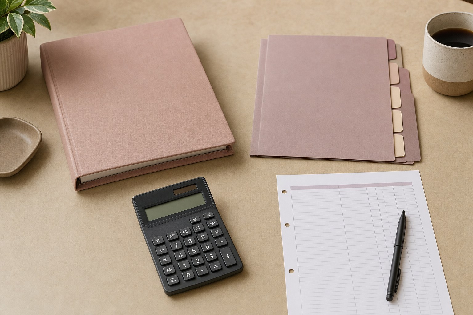 Organized monthly bookkeeping workspace with folders, calculator, and ledger paper