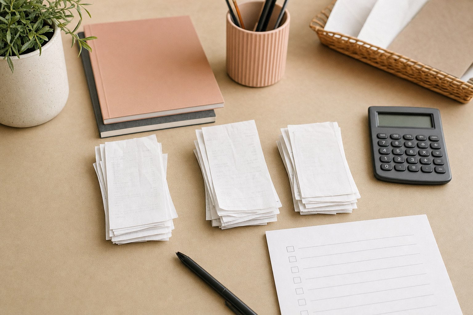 Receipts sorted into neat groups beside a calculator and checklist