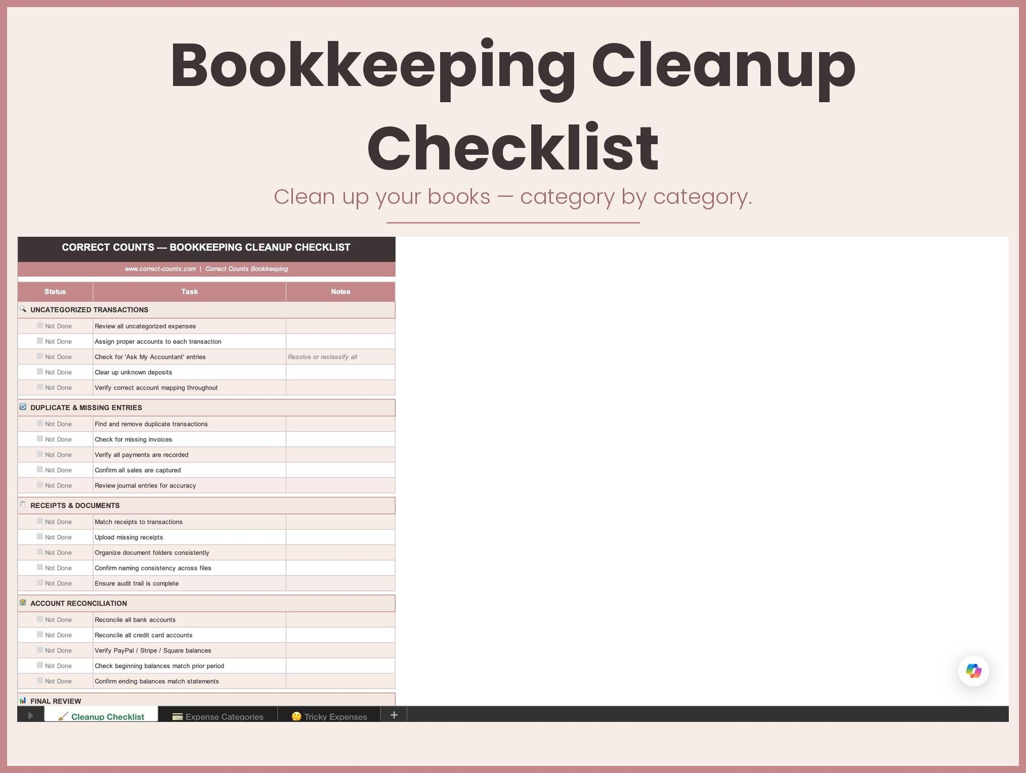 Bookkeeper Cleanup Checklist & Expense Guide screenshot 1