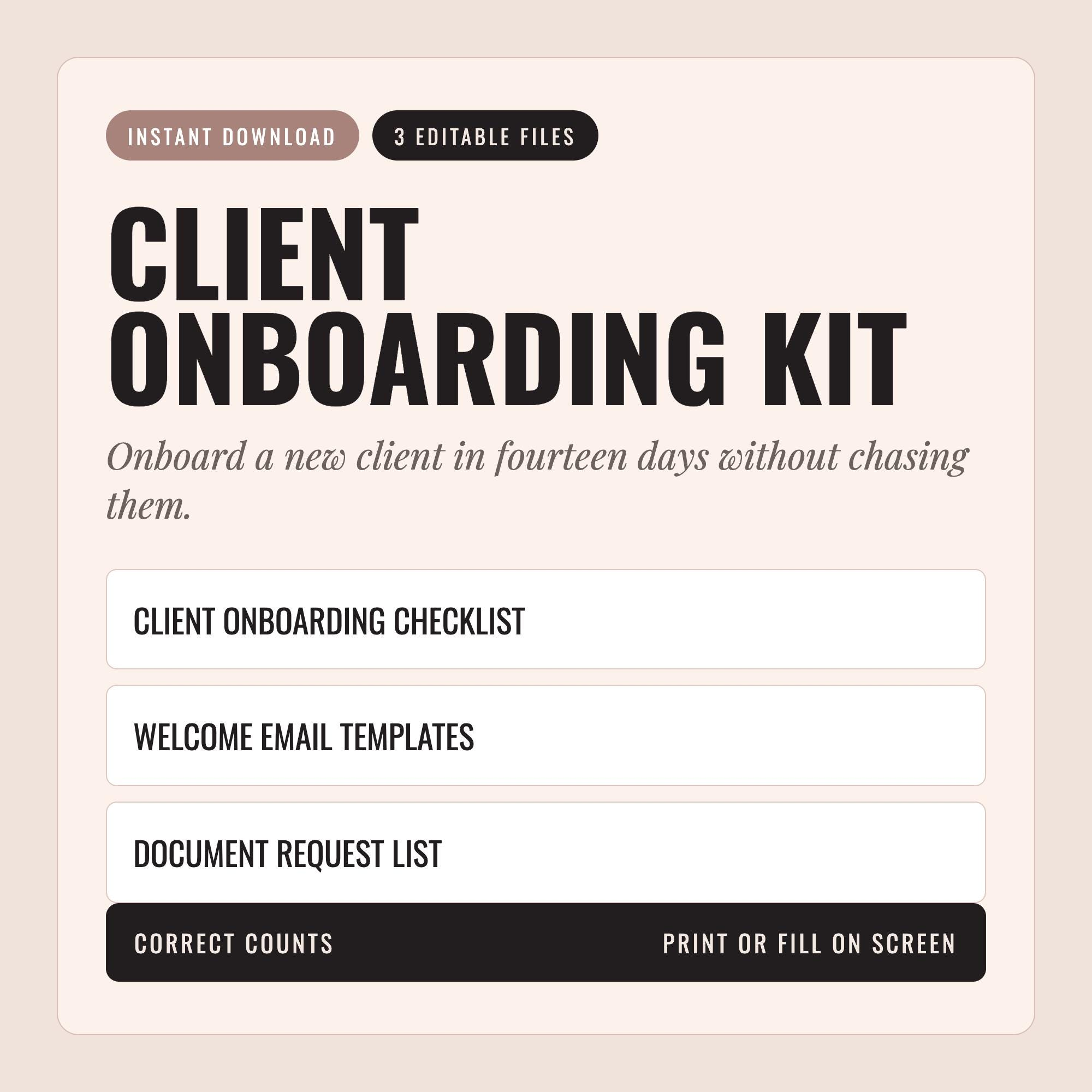 Client onboarding checklist from the Correct Counts Bookkeeping Client Onboarding Kit