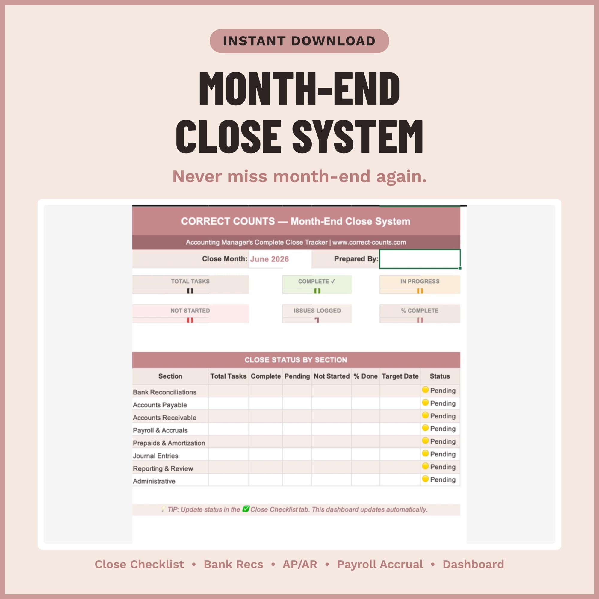 Correct Counts Month End Close Checklist workbook overview
