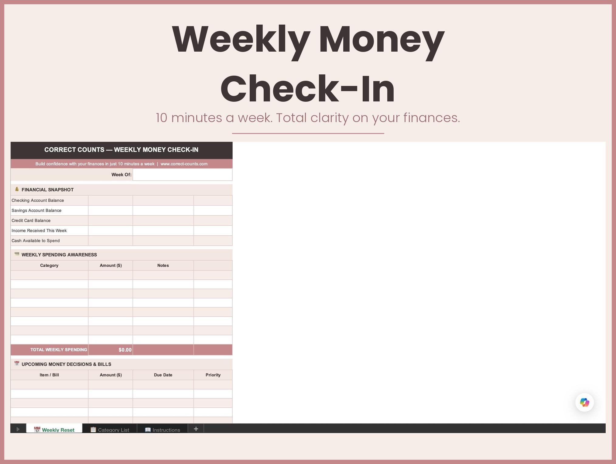 Weekly Money Check-In Spreadsheet screenshot 1