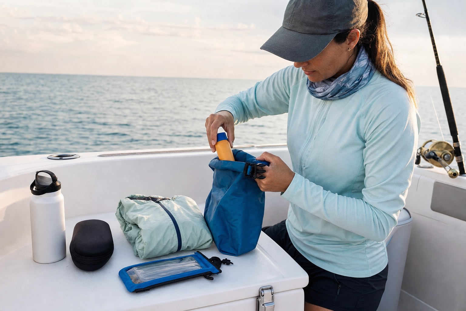 Woman packing sunscreen and a waterproof bag on an offshore fishing boat