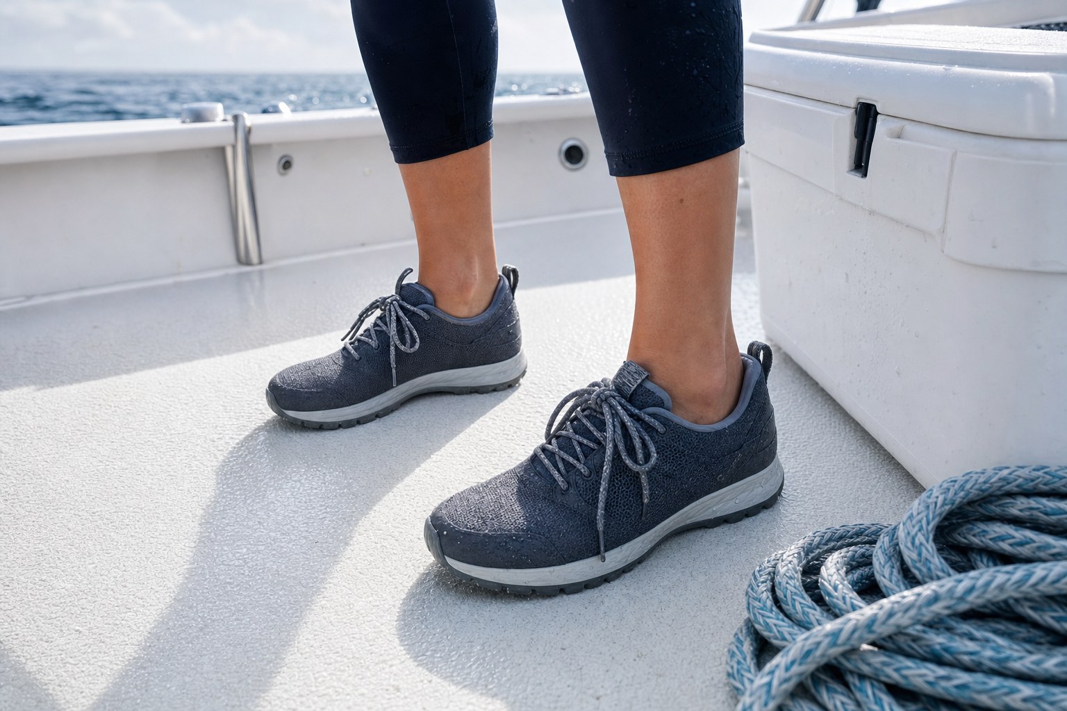 Closed-toe shoes with tread on a wet offshore fishing boat deck
