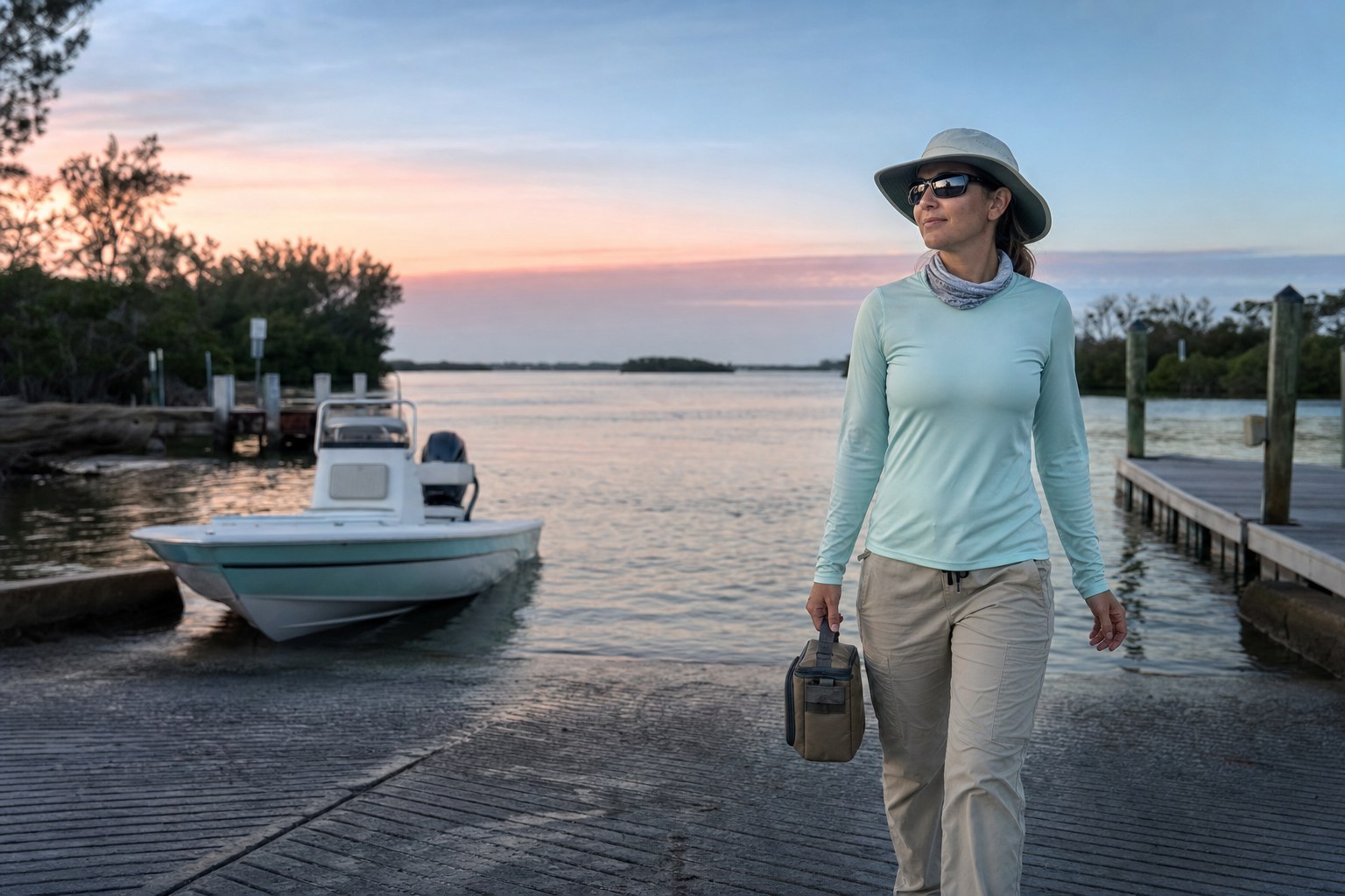 Woman prepared for an early morning fishing trip at a coastal boat ramp