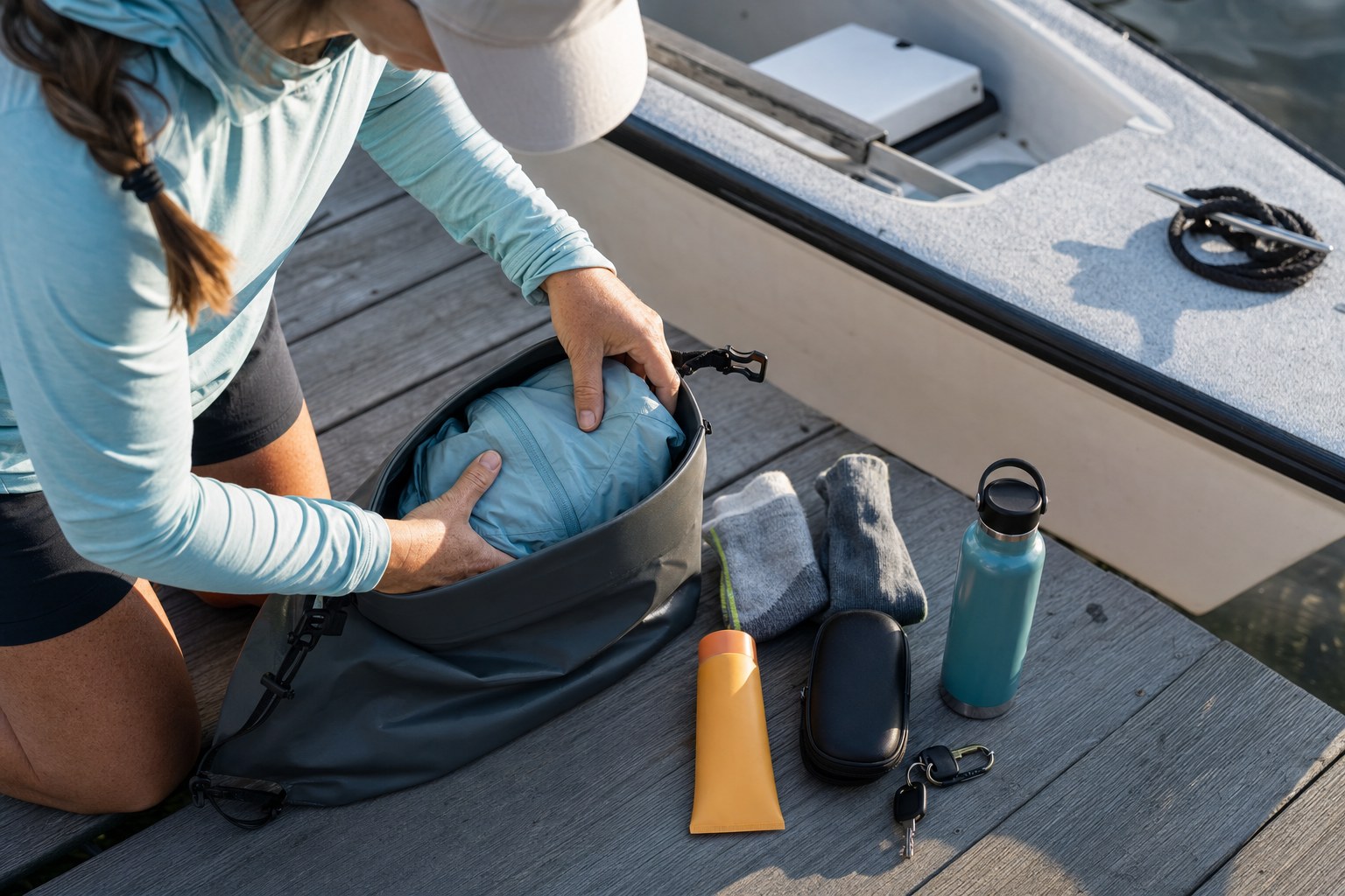 Packing a waterproof dry bag with a rain layer, socks, sunscreen, water, and keys on a dock
