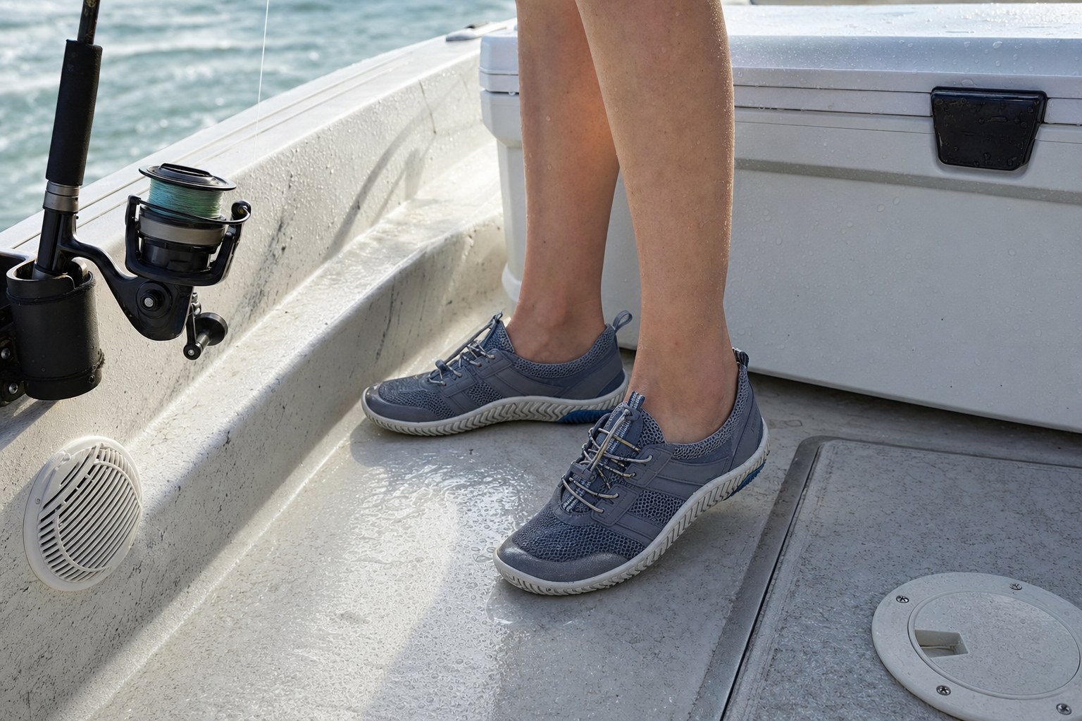 Water-friendly closed-toe shoes with tread on a wet fishing boat deck