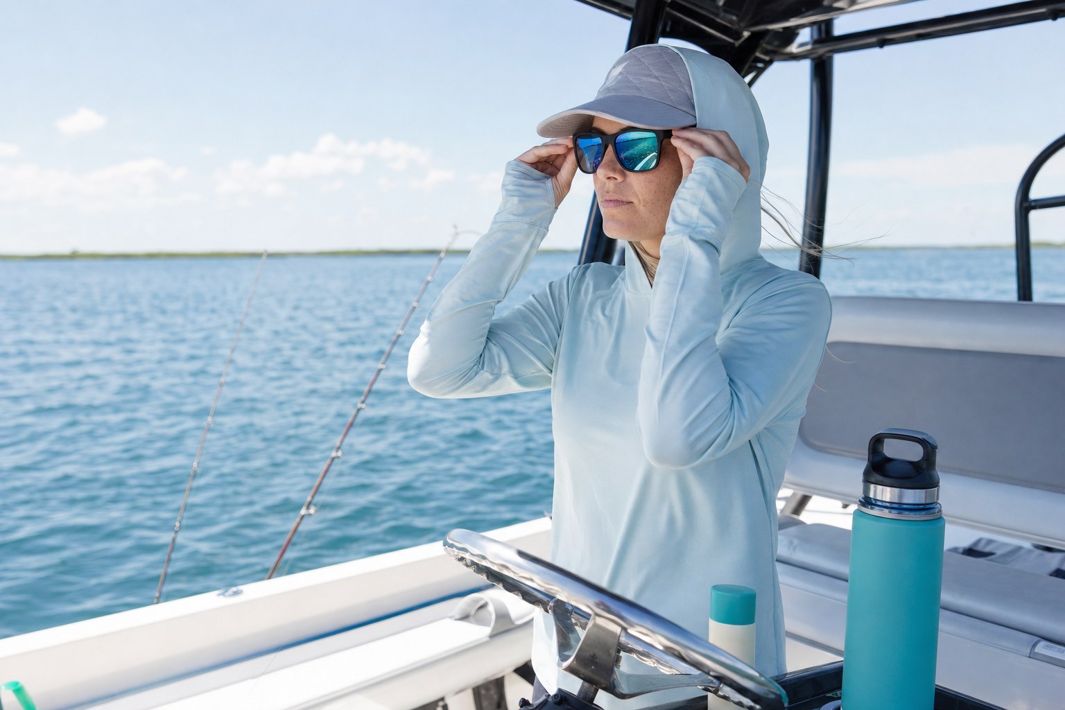 Woman in a sun hoodie and sunglasses on a fishing boat