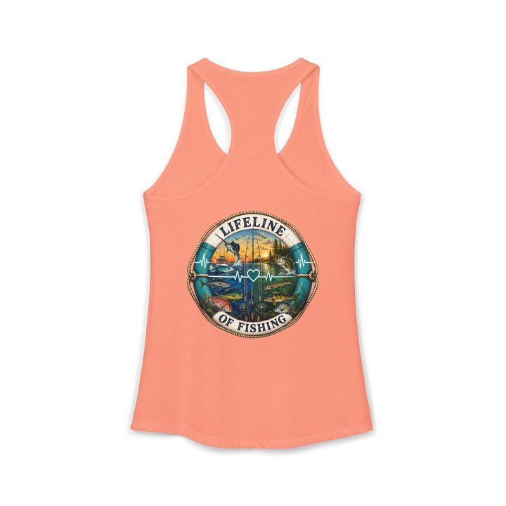 Salty Chick performance racerback tank with fishing artwork