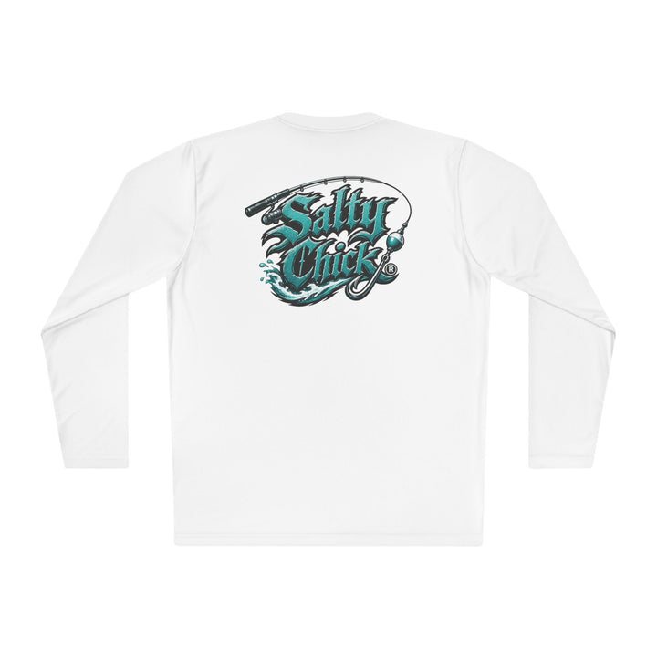 Long-sleeve moisture-wicking fishing shirt with Salty Chick fishing artwork