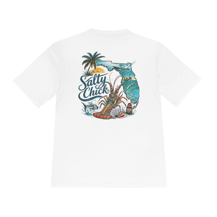 Salty Chick moisture-wicking fishing tee with lobstering artwork