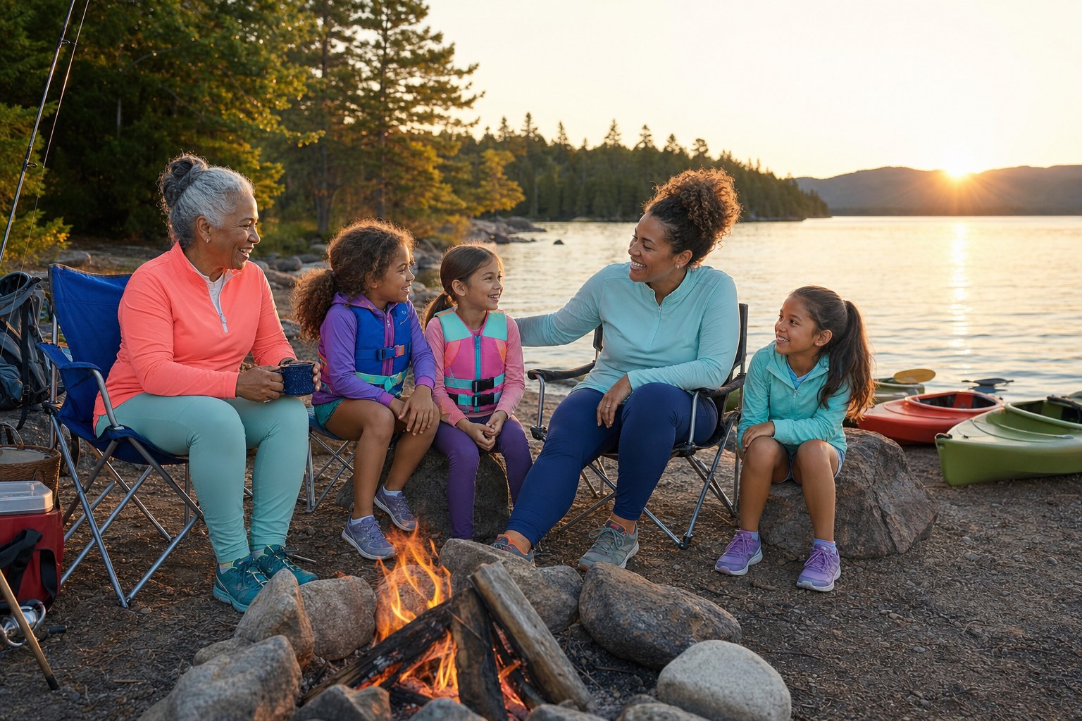 Three generations of women relaxing by a campfire with fishing gear, kayaks, and a lakeside campsite