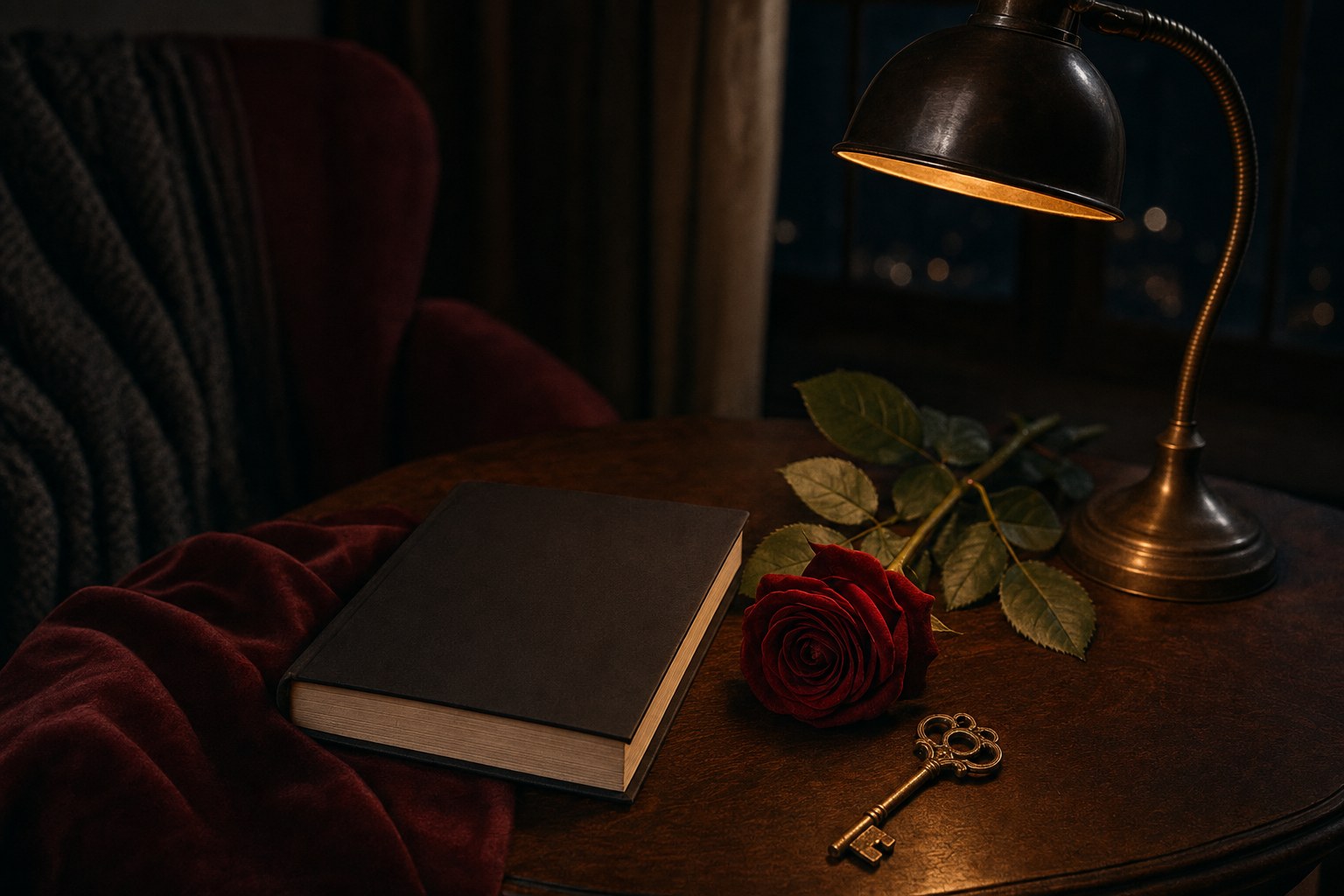 Dark book, red rose, antique key, and reading lamp on a walnut table