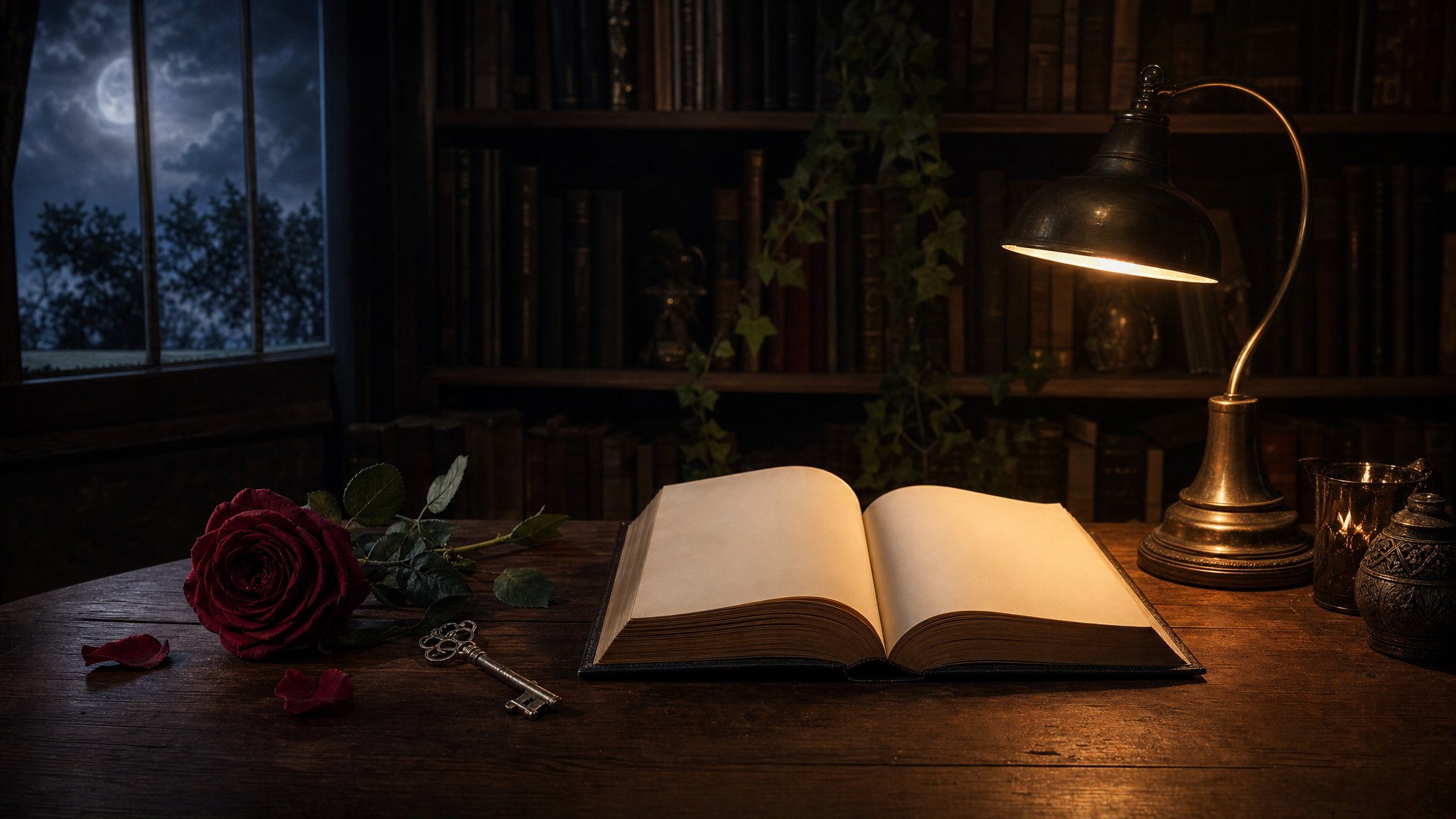 Open book, red rose, antique key, and reading lamp in a moonlit library