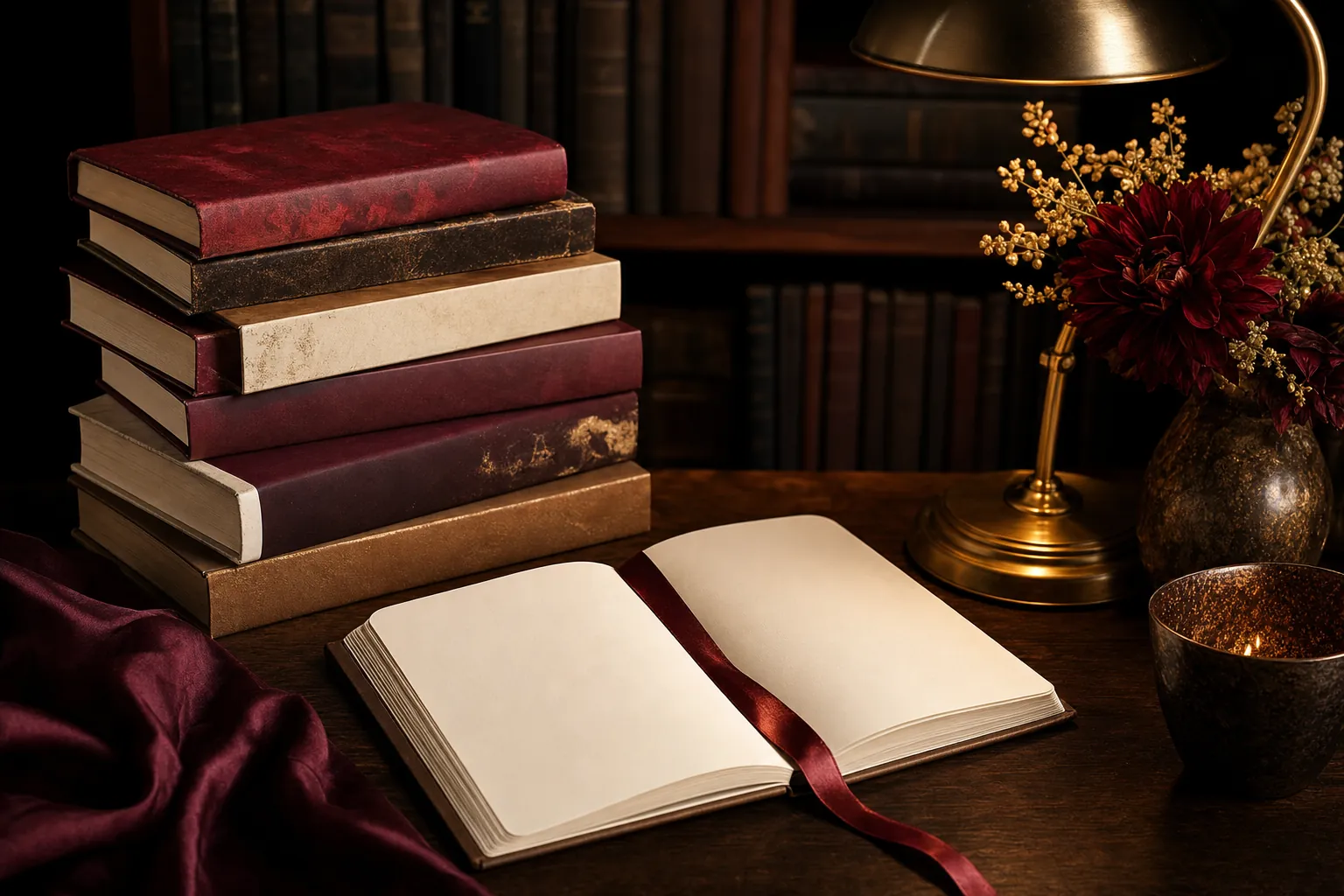 Stack of romance novels beside an open reading journal and a desk lamp