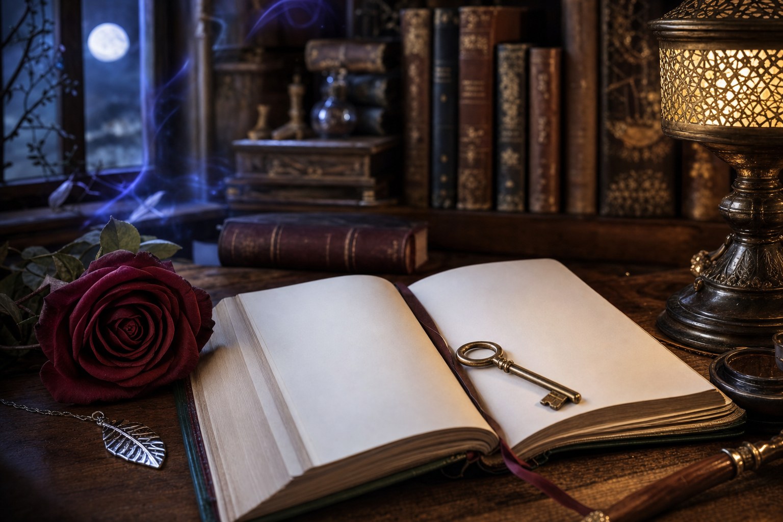 Open novel, burgundy rose, antique key, and leather-bound books on a twilight library table
